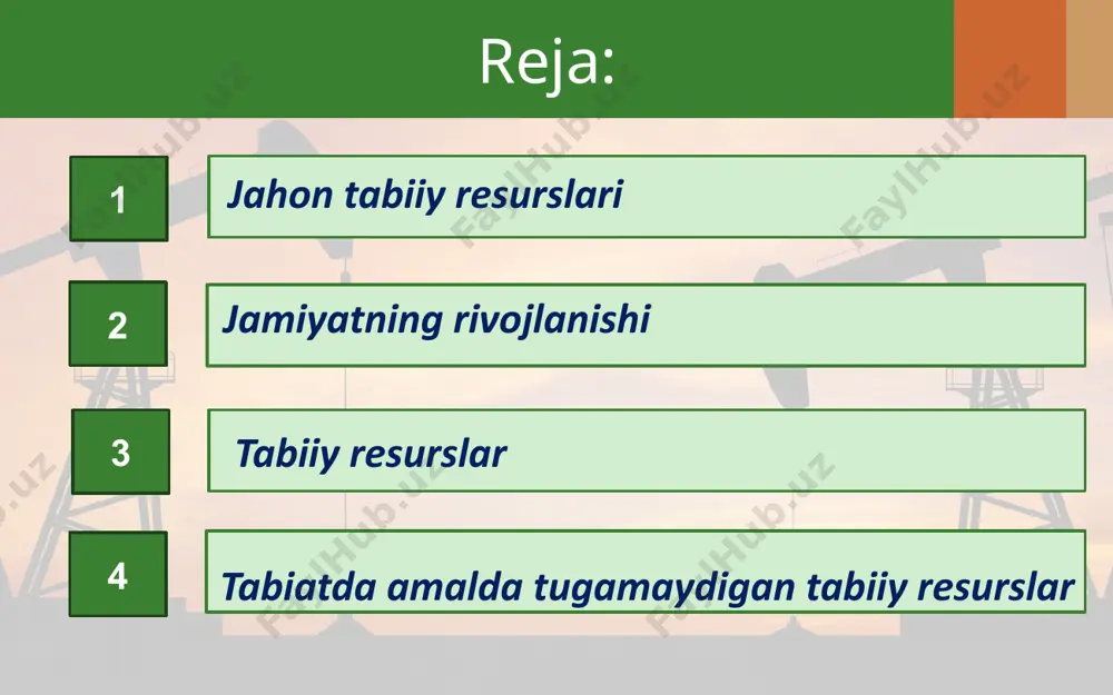 liyati davomida bevosita foydalaniladigan barcha turdagi tabiat ne’matlariga aytiladi. yer shari juda ko‘p va xilma-xil tabiiy resurslarga ega. tabiiy resurslar besh turga bo‘linadi. ular yer, suv, mineral, biologik va iqlimiy resurslardan iborat. tabiiy resurslar tabiatda kelib chiqishi, ishlatilishi xususiyatlariga ko‘ra tugaydigan va tugamaydigan guruhlarga bo‘linadi. tuproq, mineral, o‘simlik, hayvonot, rekreatsiya kabi resurslar tugaydigan tabiiy resurslarga kiradi. tabiatda amalda tugamaydigan tabiiy resurslar ham mavjuddir. ular quyosh nuri, shamol, dengiz va okeanlar, yerning ichki (geotermal) energiyasidir. tabiiy resurslar yer yuzasi bo‘ylab notekis joylashgan. fors qo‘ltig‘i mamlakatlari neft va tabiiy gazga, and mamlakatlari mis va polimetall rudalariga, shimoliy yarimsharning o‘rta kengliklari va ekvatorial mintaqa hududlari o‘rmonlarga ancha boy. and mamlakatlari mis va polimetall rudalariga, shimoliy yarimsharning o‘rta kengliklari va ekvatorial mintaqa hududlari o‘rmonlarga ancha boy. image2.jpg image3.jpeg image4.jpeg image5.jpeg image6.jpeg image7.jpeg image8.jpeg image9.jpeg image10.jpeg image11.jpeg image12.jpeg image13.jpeg image14.jpeg image15.jpeg image16.jpeg image17.jpeg image18.jpeg image19.jpeg image20.jpeg image21.jpeg image22.jpeg image1.jpg