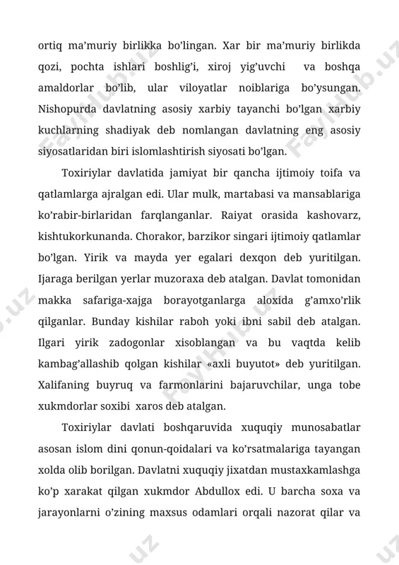 nnaxrning yagona xukmdori bo’lib qoldi. uning kuchayishidan xavfsiragan xalifa 898 yil movarounnaxr xokimligidan ismoilni tushirib, o’rniga safforiylardan amr ibn lays tayinlangani xaqida yerlik yubordi va bu ikki o’rtada urush kelib chiqishiga olib keldi. 899 va 900 yy to’qnashuvlarda ismoil g’alabaga erishib, xurosonni ham o’ziga qo’shib oldi va shu tariqa yirik davlatga aylangan somoniylar davlati x asr oxirigacha xukm surdi. somoniylar xalifalikdagiga o’xshash boshqaruv tizisini o’rnatdilar. davlat boshlig’i amir bo’lgan. amirlikning ma’muriy tizimi quydagicha bo’lgan: - dargox (amir saroyi va devon) (davlat idorasi). saroydagi eng yuqori mansab xojib ul buzurg va soxibi xaros edi. davlat boshqaruvi buxoro registoni atrofida joylashgan o’nta devon ixtiyorida bo’lgan. bular quydagilar edi: devoni vazir yoki xojayi kalon. devoni mustavfiy (moliyaviy ishlar) devoni amid. (devoni rasoyil, devoni insho) (elchilik ishlari) devoni soxibshurot (sipoxiylar va shoh saroyini moddiy ta’minoti) devoni soxibbarid (davlat elchilari va xokimlar ustidan maxfiy naz) devoni muxtasib (tosh-tarozu, shariat ishlari nazoratchisi) devoni mushrif (xazina kirim-chiqimi …