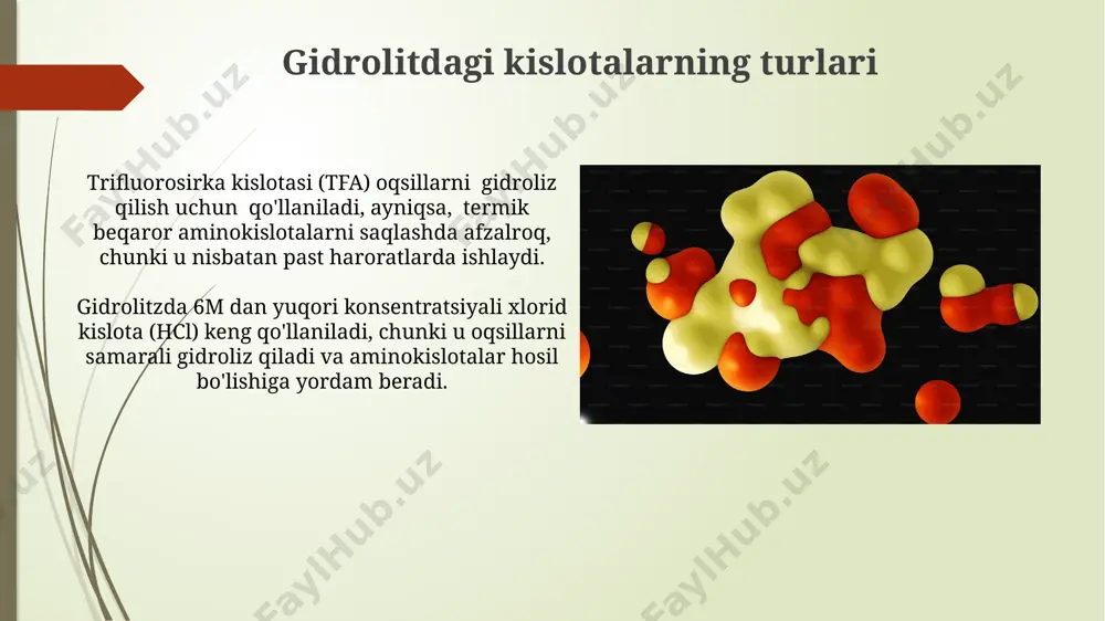 gidrolizining biotexnologiya yordamida 60-70°c haroratda olib borilishi fermentlar faolligini oshirib, gidroliz jarayonini tezlashtiradi va hosil bo'ladigan aminokislotalar miqdorini ko'paytiradi. gaz xromatografiyasi gaz xromatografiyasi analiz qilinadigan aralashmadagi komponentlarning qaynash haroratlaridagi farqlarga asoslangan holda, har xil uchuvchi birikmalarni, shu jumladan aminokislotalar hosilalarini ajratish va aniqlash imkonini beradi. uskuna, 30 metr uzunlikdagi kapillyar ustun va fid detektori kabi turli xil parametrlarni o'z ichiga olgan holda, yuqori aniqlikdagi gaz xromatografiyasi aminokislotalarning izomerlarini farqlashga imkon beradi. amino kislotalarning ajratilishi aminokislotalarni ajratishda ion almashinuvi xromatografiyasi kabi usullar turli xil aminokislotalarning elektr zaryadlaridagi farqlaridan foydalanadi. oqsil gidrolizidan so'ng 20 ga yaqin turli aminokislotalarni yuqori samarali suyuqlik xromatografiyasi (hplc) yordamida aniqlash mumkin. e'tiboringiz uchun rahmat @taqdimot_robot image1.jpg image2.jpg image3.jpg image4.jpg image5.jpg image6.jpg image7.jpg image8.jpg image9.jpg image10.jpg image11.jpg image12.jpg image13.jpg image14.jpg image15.jpg image16.jpg image17.jpg