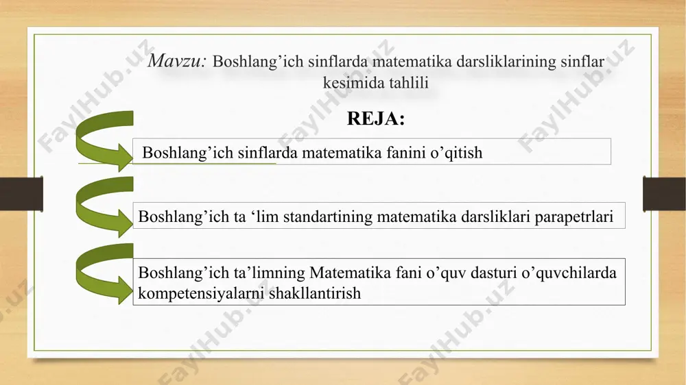 xulosalarini nazoarat qila olishga, ayniqsa, kuzatish, asosida aytiladigan fikrlarning ravon bo’lishiga erishish kerak. miqdorlar orasidagi bog’lanishni ifodalash uchun matematikada simvollar ishlatiladi. mana shu matematik til rivojlanishi kerak. o’qituvchining vazifasi simvolik tilda ifodalangan matematik fikrni ona tiliga ko’chirishga o’rgatishdan iborat bo’lmog’i kerak. boshlang’ich ta’limning matematika fani o’quv dasturi o’quvchilarda kompetensiyalarni shakllantirishga yo’naltirilgan davlat ta’lim standarti talablaridan kelib chiqib tuzildi. boshlang’ich ta’limda matematika fanini o’qitishning asosiy maqsadi: o’quvchilarda kundalik faoliyatda qo’llash, fanlarni o’rganish va ta’lim olishni davom ettirish uchun zarur bo’lgan matematik bilim va ko’nikmalar tizimini shakllantirish va rivojlantirish; jadal taraqqiy etayotgan jamiyatda muvaffaqiyatli faoliyat yurita oladigan, aniq va ravshan, tanqidiy hamda mantiqiy fikrlay oladigan shaxsni shakllantirish; milliy, ma’naviy va madaniy merosni qadrlash, tabiiy-moddiy resurslardan oqilona foydalanish va asrab-avaylash, matematik madaniyatni umumbashariy madaniyatning tarkibiy qismi sifatida tarbiyalashdan iborat. boshlang’ich ta’limda matematika fanini o’qitishning asosiy vazifalari: o’quvchilar tomonidan matematik tushunchalar, xossalar, shakllar, usullar va algoritmlar haqidagi bilim, ko’nikmalar egallanishini ta’minlash; inson kamoloti va …