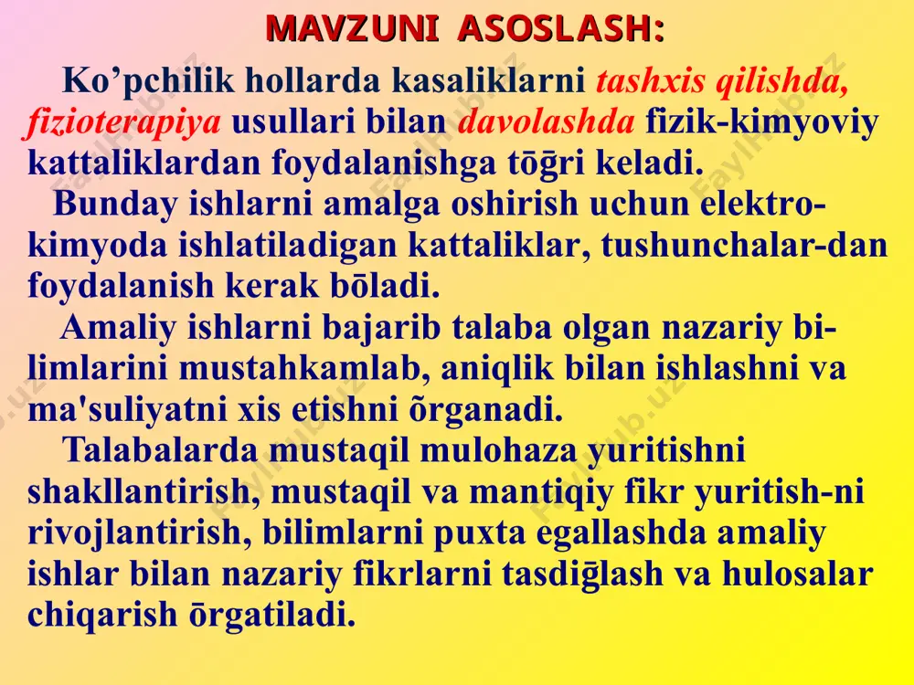 talabalarni elektrod va elektrodlardagi boradigan jarayonlar bilan tanishtirish. – potensiallarni aniqlashda kerak bōladigan elektrokimyoning nazariy asoslarini ōrga-tish, – potensiallar qiymatini hisoblash formu-lalarini yozishni ōrgatish, – kōpchilik hollarda kasalliklarni tashxis qilishda, fizioterapiya usullari bilan davo-lashda fizik-kimyoviy kattaliklardan foyda-lanishga tōḡri keladi, – bunday ishlarni amalga oshirish uchun elektrokimyoda ishlatiladigan kattaliklar, tu-shunchalardan foydalanish kerak bōladi. mavzuni maqsadi: – membrana potensiali va hujayrani zaryad-lanishi haqida tushunchalar ōrgatiladi, – talaba olgan nazariy bilimlarini amaliy ishlar bilan tasdiḡlashni, aniqlik bilan ishlashni va ma'suliyatni his etishni ōrgatish, – talabalarda mustaqil mulohaza yuritishni shakllantirish, mustaqil va mantiqiy fikr yuri-tishni rivojlantirish, bilimlarni puxta egallashni ōrgatish, – dars vaqtida bajariladigan amaliy ishlar bilan nazariy fikrlarni tasdiḡlash va hulosalar chiqarish ōrgatiladi. kõriladigan masalalar elektrokimyo asoslari, elektrolit moddalarning elektr ōtkazish qobiliyatining nazariy asoslari elektrolit moddalarning elektr ōtkazuvchanligiga ta’sir etuvchi omillar eritmalarning elektr ōtkazuv-chanlik qiymatidan foydalanib, ularning dissotsiatsiya darajasi va konstantasini aniqlash yōllari konduktometrik titrlash talaba bilishi kerak elektrolitik dissotsiatsiya nazariyasini, dissotsiatsiya darajasi …