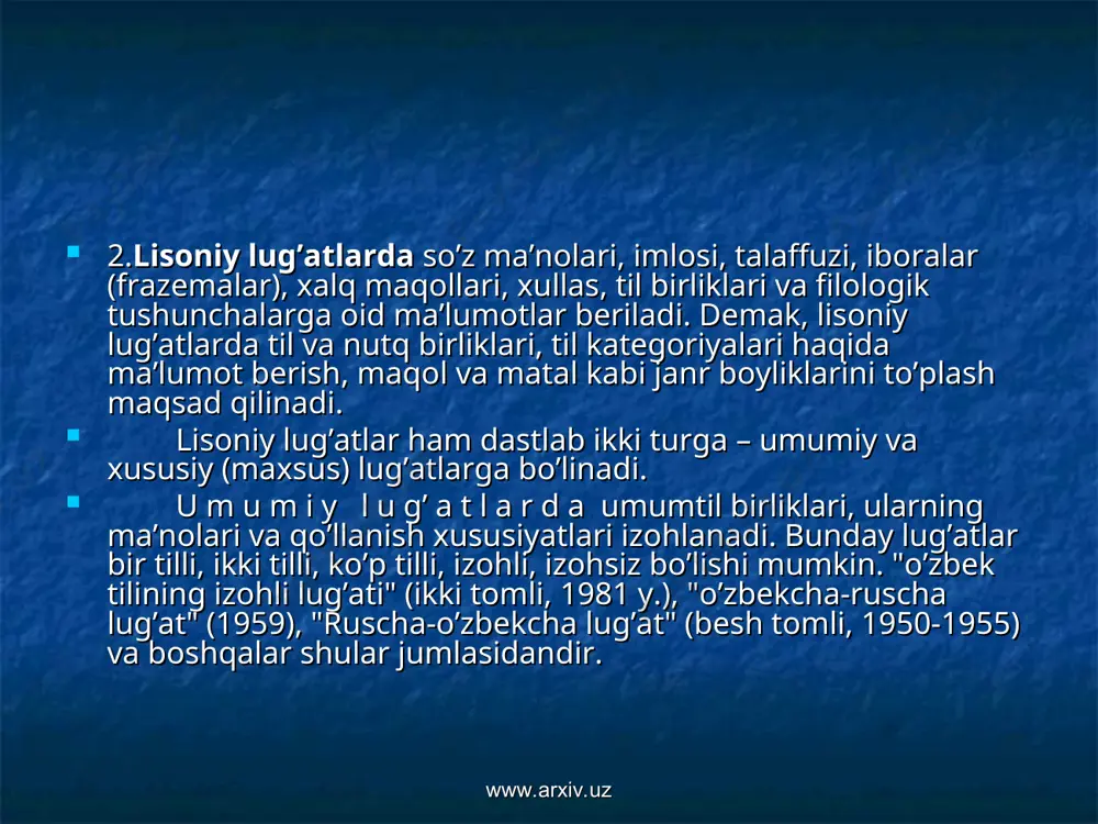 ati" (o’.usmonova, 1976). ushbu risolaning 29-58-betlarida ayrim so’zlar talaffuzi (lug’ati) berilgan: d)antroponimik lug’atlar: "o’zbek ismlari imlosi" (e.a.begmatov, 1972); "o’zbek ismlari" (e.a.begmatov, 1991); e)toponimik lug’atlar: "geografik nomlar ma’nosini bilasizmi?" (s.qoraev, 1970); yo)sinonimlar lug’ati: "o’zbek tili sinonimlarining qisqacha lug’ati" (a.hojiev, 1963), "o’zbek tili sinonimlarining izohli lug’ati" (a.hojiev, 1974); j)chastota lug’ati: "slovarь naibolee upotrebitelьnыx slov sovremennogo uzbekskogo literaturnogo yazыka" (i.a.kissen, 1972). bu tipdagi lug’atlarda o’zbek tilidagi so’zlarning faollik darajasi ko’rsatiladi; z)dialektologik lug’atlar: "xorazm shevalari", 1-kitob, (f.abdullaev, 1961 yil), "o’zbek shevalari leksikasi" (kollektiv, 1966). bu kitoblarda dialektologik tadqiqotlar natijasi bilan birga, sheva so’zlarining lug’atlari ham berilgan; www.arxiv.uz www.arxiv.uz i)tarixiy lug’atlar: "o’zbek klassik adabiyoti asarlari uchun qisqacha lug’at" (p.shamsiev, s.ibrohimov, 1953), "navoiy asarlari lug’ati" (p.shamsiev, s.ibrohimov, 1972), "alisher navoiy asarlari tilining izohli lug’ati", 4 tomlik. o’zbekiston fanlar akademiyasi muxbir a’zosi (hozir-akademik) e.i.fozilov tahriri ostida. –toshkent,1983 (i-ii tomlar), 1984 (iii tom), 1985 (ivtom); "zahiriddin muhammad bobur asarlari uchun qisqacha lug’at" (x.nazarova, 1972), "drevnetyurkskiy slovarь" (kollektiv, 1969); …
