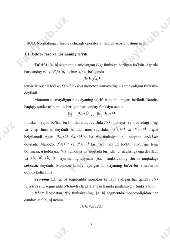 nuqtalarida aniqlangan bo’ladi (14-shakl). endi to’plamda funksiyani quyidagicha aniqlaymiz: agar bo’lsa, bundan tashqari, nuqtada deb olsak, funksiyani butun oralig’ida aniqlagan bo’lamiz. bu usul bilan aniqlangan funksiya monoton kamaymaydigan uzluksiz funksiyadir. haqiqatan, funksiyaning monotonligi uning ta’riflanishidan ravshan. funksiyaning uzluksizligini isbotlaymiz. agar bu funksiya nuqtada uzulishga ega bo’lsa, u holda yoki segmentlardan birortasi funksiyaning qiymatlarini o’z ichiga olmaydi. lekin funksiyaning ta’riflanishiga, asosan, uning qiymatlari intervaldagi barcha ikkilik ratsional sonlardan iborat bo’lib, unda zich joylashgan. bu qarama-qarshilik funksiyaning uzluksizligini isbotlaydi. funksiya kontor funksiyasi deyiladi. teorema 1.4 chapdan uzluksiz monoton funksiya va chapdan uzluksiz bo’lgan sakrash funksiyasining yig’indisi sifatida yozish mumkin. isbot. aytaylik, chapdan uzluksiz monoton funksiya bo’lsin. bu funksiyaning uzilish nuqtalarini orqali va bu nuqtalarga mos kelgan funksiyaning sakrashlarini orqali belgilaymiz, orqali quyidagi funksiyani brlgilaymiz: tenglik bilan aniqlangan funksiya ekanligini ko’rsatsak, teorema isbotlangan bo’ladi. dastlab funksiyaning kamaymaydigan funksiya ekanligini ko’rsatamiz. buning uchun deb olib, ayirmani qarasak, u holda bu tenglikning o’ng tomonida funksiyaning …