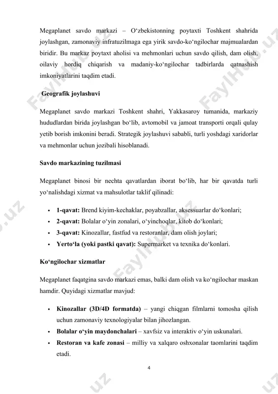 an yaratishdan iborat edi. markaz qurilishining ilk bosqichlarida xalqaro me’moriy va texnologik standartlardan foydalanilgan bo‘lib, u mahalliy va xorijiy investorlar uchun ham jozibador tijorat maydoniga aylangan. hududiy joylashuvi va transport infratuzilmasi megaplanet toshkent shahrining markaziy hududlaridan birida – yakkasaroy tumanida joylashgan. bu geografik jihatdan qulay pozitsiya markazni jamoat transporti va xususiy avtomobillar orqali yengil yetib boriladigan joyga aylantirgan. markaz atrofida keng avtoturargoh mavjud bo‘lib, bu uning funksional qulayligini oshiradi. yaqin atrofdagi metro bekatlari, avtobus yo‘nalishlari markazga bo‘lgan transport oqimini osonlashtiradi. ichki tuzilma va funksional zonalashuv megaplanet o‘zining ko‘p funksiyali tuzilmasi bilan ajralib turadi. bino bir necha qavatdan iborat bo‘lib, har bir qavat ma’lum bir yo‘nalishga ixtisoslashtirilgan: · savdo zonalari: kiyim-kechak, poyabzal, elektronika, maishiy texnika, kosmetika, zargarlik va sovg‘a mahsulotlari do‘konlari joylashgan. · ko‘ngilochar zonalar: kinozal (3d va 4d texnologiyasi bilan jihozlangan), bolalar o‘yin maydonchalari, attraksionlar. · oshxona zonasi: turli milliy va xalqaro oshxonalarga tegishli restoran va kafelar, fastfud shoxobchalari, qahvaxonalar …