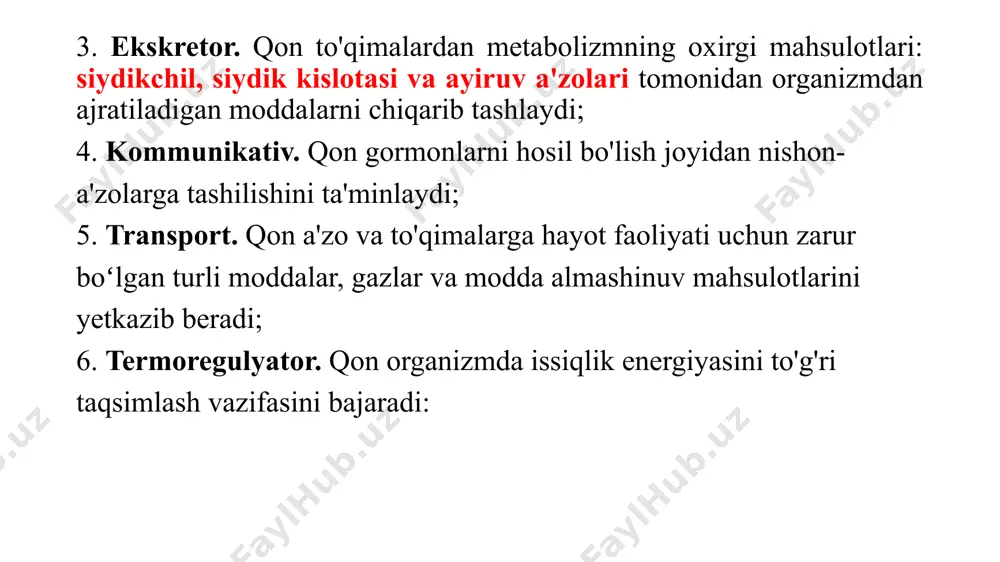 g qovushqoqligini belgilab beradi va qon oqimida erit- rotsitlar hamda leykotsitlarning turg'unligini saqlaydi, kapillyarlarda me'yordagi qon oqimini ta'minlaydi (qonning reologik xususiyatlari); 6. maxsus oqsillar qon ivishida ishtirok etadi (fibrinogen, pro- trombin, antigemofil globulin va boshqalar); 7. organizmning immun himoyasini ta'minlaydi (immunoglobu- linlar, komplementning tizim omillari, transferrin va properdin); 8. aminokislotalar zaxirasi boʻlib hisoblanadi. qon plazmasidagi oqsillar tuzilmasi. qon plazmasidagi oqsillar tuzilmasiga ko'ra oddiy va murakkab turlarga boʻlinadi. albuminlar oddiy oqsillardir. murakkab oqsillarga esa lipoproteinlar, glikoproteinlar hamda metalloproteinlarni (transferrin,seruloplazmin) kiradi. eritrotsitlar qon hujayralarining asosiy qismini tashkil etadi, ularning yashash muddati o`rtacha 4 oy. eritrotsitlarda yadro, ribosoma, mitoxondriya singari hujayra organoidlari bo`lmaganligi uchun ularda oqsillar sintezlanmaydi, aerob oksidlanish jarayonlari yo`q. ular asosan glikoliz jarayonida ishlanadigan anaerob tipdagi energiyadan foydalanadi. qonning barcha eritrotsitlari 1 soat davomida 0,7 g atrofida glyukoza iste’mol qiladi. eritrotsitlarni faoliyat ko`rsatishida qon plazmasi bilan eritrotsitlardagi moddalar kontsentratsiyasi farqini saqlanishi, faol transporti amalga oshirilishida membranalarda atf ergiyasi bo`lishi shart. eritrotsitlar …