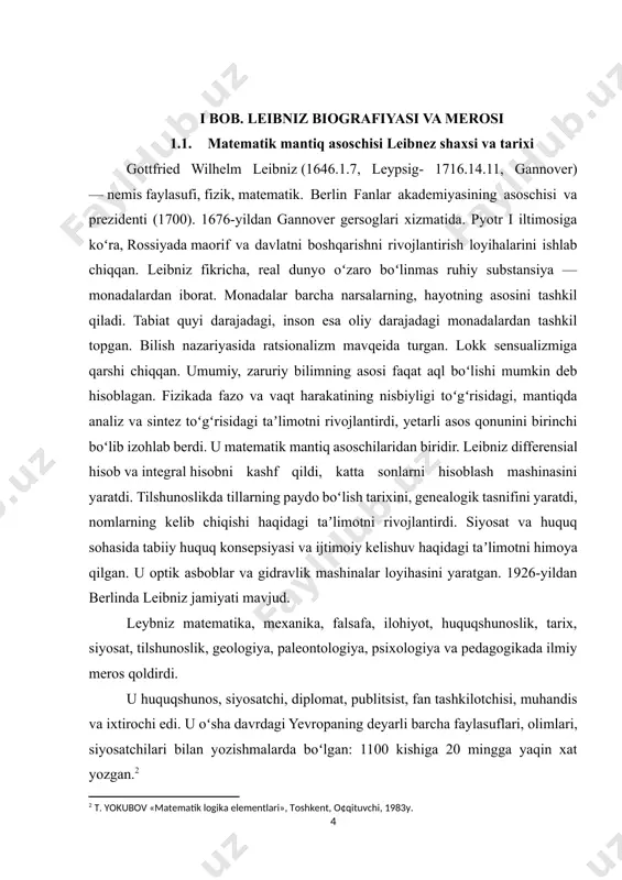 tik va yangi falsafa, e’tiqod va aql gʻoyalarini uygʻun tarzda birlashtirishni bilardi. u falsafa va fanning asosiy tamoyillaridan tortib, mashinalarni loyihalash va xalqaro siyosatning dolzarb muammolarini hal qilishgacha boʻlgan juda keng koʻlamli masalalar haqida oʻyladi. u 1 yil 1646-iyulda germaniyaning leypsig shahrida tugʻilgan. u 30 yillik urush oxiriga qadar dindor lyuteran oilasida oʻsgan. ushbu urush butun mamlakatni vayronaga aylantirdi. u kichkinaligidanoq, har doim maktabda boʻlganida, oʻzi koʻp narsalarni oʻrganishga qodir boʻlganidan beri oʻzini oʻzi oʻrgatgan. 12 yoshida leybnits allaqachon lotin tilini oʻzi oʻrgangan. bundan tashqari, ayni paytda u yunon tilini oʻrgangan. oʻquv qobiliyati juda yuqori edi. 1661 yilda u leypsig universitetida huquq sohasida oʻqishni boshladi, u erda zamonaviy evropaning birinchi ilmiy va falsafiy inqiloblarida rol oʻynagan odamlarga qiziqish katta boʻlgan. butun tizimni inqilob qilgan bu odamlar orasida galiley, frensis bekon, rene dekart va tomas xobbs. oʻsha paytdagi mavjud fikrlar orasida aristotelning ba’zi bir sxolastikalari va ba’zi fikrlari tiklandi. huquqshunoslikni tugatgandan …