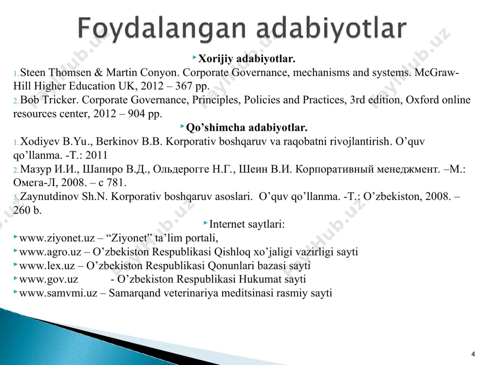 tasi, mukofot qo‘mitasi, ishga tayinlash qo'mitasi); • direktorlarning bitim tuzishdan manfaatdorligi haqidagi axborotni ochib berish (manfaatiar nizosi); • xarajatiar va qarama-qarshiliklar tizimiga nisbatan; • kompaniyaning strategik maqsadlari va siyosati haqida kompa- niyagajiddiy ta’str ko‘rsatishi mumkin bo'lgan hodisalar haqida axborot taqdim etish, boshqaruv organlarini barcha muhim jihatlari haqida tegishli tarzda xabardor qilish; • mos ravishda ichki nazorat, axborot almashinish va jamoa bo'lib qaror qabul qilish; manfaatlar to'qnashuvini aniqlash jarayoni mavjudligi; * 1990- yil yevropa aksiyadorlar (qisqacha nomi — yevroaksiyadorlar) assostiatsiyalari konfederatsiyasi tashkil qilingan sakkizta milliy aksiyadorlar assotsiatsiyasi (belgiya, buyuk britaniya, germaniya, gollandiya, daniya, ispaniya, fransiya va shvetsiya) * yevropa ittifoqi aiohida aksiyadorlarining manfaatlarini ifodalash, mayda aksiyadoriami himoya qilish, kapitallar bozori ochiqligini ta'minlash, yevropa kompaniyalarida aksiyadorlik kapital qiymatini oshirish, korporativ boshqaruv masalalarini qo'llab-quvvatlash * • kompaniya avvalo uzoq muddatli istiqbolda aksiyadorlik kapitali qiymatini maksimallashga intilishi lozim. kompaniyalar o‘z moliyaviy maqsadlari va strategiyasini vozma shaklda aniq ko'rsatishi hamda buni yillik hisobotga kiritishi lozim; …