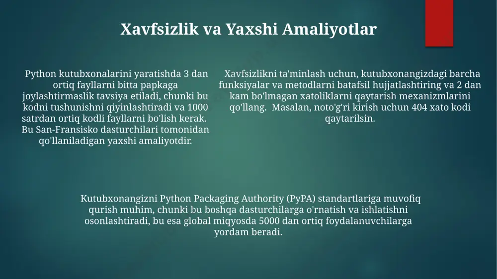ortiq argument qabul qiluvchi funksiyalar uchun 10 ta test holatini yaratish samarqanddagi dasturchilar orasida keng tarqalgan amaliyotdir. open source va hamkorlik ochiq manbali loyihalar github kabi platformalarda 20 milliondan ortiq loyihalarni o'z ichiga oladi va dunyoning har bir burchagidan, masalan, aqsh va hindistondan dasturchilar hamkorlik qiladi. ochiq manbali kutubxonalarning tarqalishi va qo'llanilishi, masalan, "numpy" kutubxonasi 100 milliondan ortiq yuklab olinishi orqali dunyo bo'ylab 70 dan ortiq mamlakatdagi olimlar va muhandislarga yordam beradi. hamkorlik python kabi tillarda yozilgan kutubxonalarni 5000 dan ortiq funksiyalar bilan boyitishga va shu bilan birga loyiha sifatini 30% ga oshirishga yordam beradi. loyiha rejalashtirish va dizayni loyiha rejalashtirishda 3 ta asosiy bosqich – tahlil (20% vaqt), dizayn (50%, uml diagrammalari yordamida toshkentda amalga oshiriladi) va implementatsiya (30%) ajratish kerak. python kutubxonasi dizayni uchun pep 8 standartlariga rioya qilish, funksiyalarni 50 satrdan oshmasligi va kodni 3 ta qatlamga bo'lish (taqdimot, mantiqiy, ma'lumotlar) muhimdir. python kutubxonasi dizayni uchun pep …
