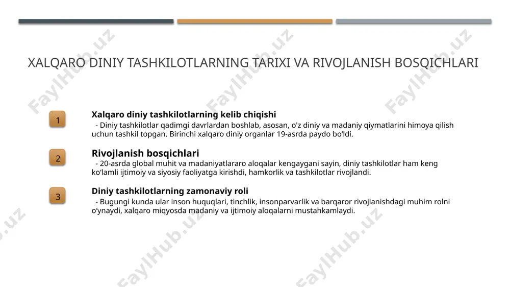orlikni ta’minlashda muhim rol o‘ynaydi. barqaror rivojlanishga ta’siri diniy tashkilotlar ijtimoiy va ekologik muammolarni hal etishda faol ishtirok etadi, ularning faoliyati barqaror rivojlanish maqsadlariga erishishda muhim qo‘shma kuch hisoblanadi. madaniy aloqalar va hamkorlik diniy hamkorlik madaniy meros va qadriyatlarni muhofaza qilish, o‘zaro tushunishni rivojlantirish orqali xalqlar orasida do‘stlik va hamjihatlikni mustahkamlashga yordam beradi. ijtimoiy va ekologik tashabbuslar xalqaro diniy tashkilotlar ekologik muhofaza, inson huquqlari va ijtimoiy adolat sohalarida hamkorlik qilmoqda, bu esa barqaror rivojlanishga sezilarli ta’sir ko‘rsatadi. o‘zbekiston diniy tashkilotlarining barqaror rivojlanishga qo‘shgan bosqichlari va tarixiy rivojlanish 01 o‘zbekiston diniy tashkilotlarining boshlang‘ich davri o‘zbekiston diniy tashkilotlari xix asr oxiri va xx asr boshlarida mustahkam asoslar yaratdi, mahalliy va milliy diniy an’analarga asoslangan rivojlanishga kirishdi. 02 sovet davridagi ta’sir va o‘zgarishlar sovet davrida diniy tashkilotlar cheklovlarga uchradi, ammo ularning yashirin faoliyati milliy diniy merosni saqlash va rivojlantirishda muhim rol o‘ynadi. 03 mustaqillik yillarida rivojlanish o‘zbekiston mustaqillikka erishgach, diniy tashkilotlar tiklandi, dini …