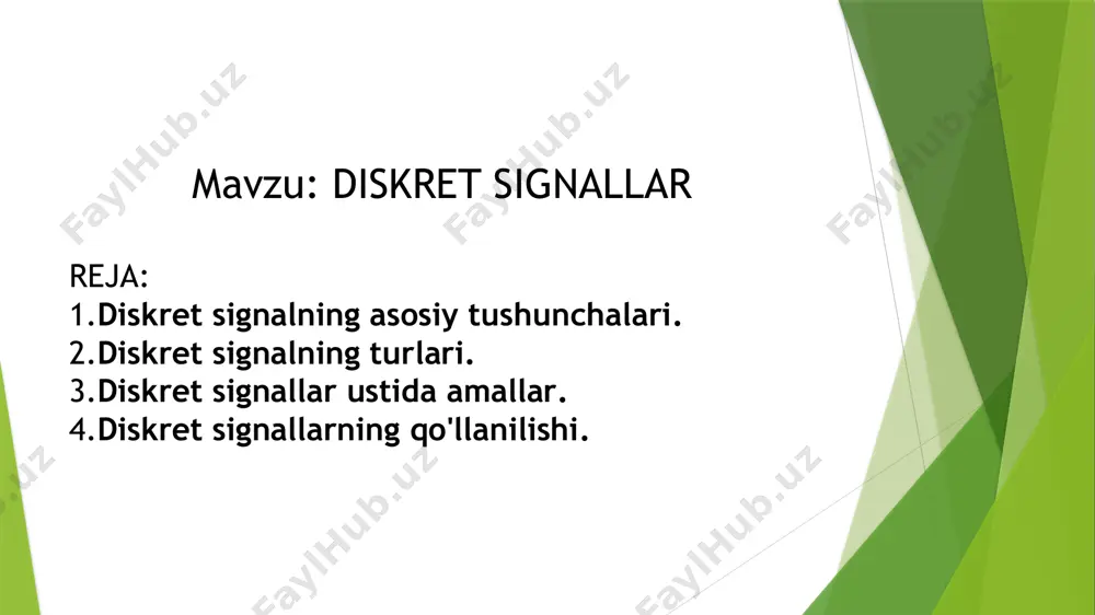 m bir vaqt oralig‘ida aniqlanganligini bildiradi. bu signalning qolgan vaqtlarda qiymati nolga teng yoki umuman aniqlanmagan degan ma'noni anglatadi. ushbu xususiyat diskret signalning tahlil va ishlov berish jarayonlarini soddalashtiradi va amaliy ishlanmalar uchun qulaylik yaratadi. diskret signalning amplituda bo‘yicha cheklanganligi deganda, signalning qiymatlari oldindan belgilangan maksimal va minimal chegaralardan oshmaydi. bu cheklov ko‘pincha raqamli tizimlarda signallarni tasvirlash, uzatish va qayta ishlashda yuzaga keladi. diskret signallarning telekommunikatsiyada ahamiyati 1. analog signallarni raqamli shaklga o‘tkazish diskret signallar analog signallarni raqamli shaklga aylantirish orqali aloqa sifatini oshiradi. analog signalni raqamlashtirish jarayoni uch bosqichda amalga oshiriladi: namunalash (sampling): analog signalni ma'lum vaqt intervallarida diskret namunalarga ajratish. kvantlash (quantization): namunalarning amplituda qiymatlarini cheklangan raqamlar to‘plamiga moslashtirish. kodlash (encoding): kvantlangan qiymatlarni raqamli kodlarga aylantirish. 2. shovqinga chidamlilik raqamli shakldagi diskret signallar shovqin va buzilishlarga kamroq sezgir. masalan: analog signallar uzatishda buzilsa, tiklash qiyin bo‘ladi. diskret signal uzatishda xatolarni aniqlash va tuzatish kodlari yordamida asl signalni tiklash …