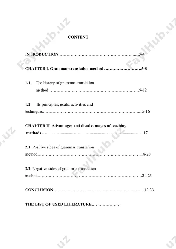 its advantages and disadvantages, positive sides are more than negative sides, why should teachers use or not, it is effective and useful or useless. the aim of the coursework: the goal of this work is to explain benefits and drawbacks of grammar-translation method, its history, teachers’ goals, activities, techniques, characteristics and teachers’ and learners’ roles. the tasks of the coursework: the tasks reason for writing this coursework involve: · to research and find about grammar-translation method; · to analyze its advantages and disadvantages, and then to notice which ones are more; · to learn how to use it correctly. the theoretical practical value of the coursework: during the writing of my coursework, i used a number of books, articles, journals and visited several websites to find persuasive information to enrich my work. the results of this work can be used in english literature lessons based on this theme. the structure …