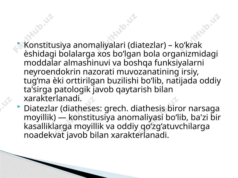 diatriyaga kiritgan. ekssudativ-kataral diatez (allergik diatez) ekssudativ-kataral diatez bir ѐshgacha bo‘lgan bolalarning 40-60% uchraydi. ko‘p xollarda ekd belgilari 2-3 ѐshga kelib yo‘qola boshlaydi. lekin 20-25% bolalarda keyinchalik allergik kasalliklar rivojlanadi. uchrashi quyida keltirilgan omillar ta'sirida ovqatdagi oxirigacha parchalanmagan oqsil o‘tkazuvchanligi yuqori bo‘lgan ichak devoridan qonga so‘riladi: kichik ѐshdagi bolalarda oshqozon ichak traktining morfofunksional yetilmaganligi fermentlar aktivligining pastligi maxalliy (iga) va bloklovchi (igg) immunoglobu -linlarning tanqisligi ige giperproduksiyasi, immunn sistemaning aktivasiyasi, biologik aktiv moddalarning chiqishi etiologiya va patogenezi qonga begona antigenning tushishi meteotropnix omillar ta'siri yomon ekologik sharoit ta'siri vitaminlar tanqisligi infeksion kasalliklar bolalar to‘qimasining gistaminga ta'sirchanligi kattalarga qaraganda ancha yuqori bo‘ladi. gistamin ajralishining sabablari: xayotining birinchi oylarida quyidagicha namoyon bo‘ladi: «gneys» (boshdagi seboreyali po‘stloq) sonlaridagi va teri burmalaridagi turg‘un bichilishlar lunjlaridagi terining qizarishi va infil'tratsiyasi tananing ochiq qismlaridagi eritematoz dog‘lar oѐq-qo‘llaridagi qichituvchi tugunchali toshmalar (strofulyus) tili «geografik xarita» ko‘rinishida ekd klinik belgilari katta yoshda quyidagilar bilan namoyon bo‘ladi: turli xil …