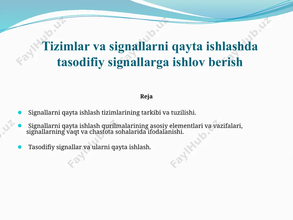in. bizning sezgi organlarimiz signallarning analog shakllariga aniq sezgir hisoblanadi: quloqlar tovushga, ko‘zlar nurga, terimiz haroratga, burun hidni sezish uchun. bizning sezgi organlarimiz fizik signallarni (tovush, yorug‘lik, harorat, hidlar) o‘lchaydi va o‘zgartiradi, shuningdek ularni miyaga qayta ishlash va qaror qabul qilish uchun yuboradi. signallar dinamik jarayonlarning o‘z vaqtida ishlash modeli hisoblanadi, shuning uchun bunday signallarni qayta ishlash jarayonlarning o‘zi signallar orqali o‘rganish imkonini beradi. atrofimizdagi dunyo analog (vaqt, masofa, harorat) hisoblanadi, ammo mutaxasislar signallarga aniqroq ishlov berish uchun analog-fizik parametrlarni o‘lchash va ularni raqamli shaklga aylantirishni o‘rgandilar. analog signallarga raqamli ishlov berish va saqlash qiyinroq bo‘lib, ularga raqamli texnologiyalarni qo‘llash mumkin emas. signallarning raqamli shakli, ya’ni ikkilik ko‘rinishi raqamli ishlov berish uchun qulay hisoblanadi. bunday holda nafaqat signallarni ro‘yxatdan o‘tkazish, shuningdek ularni kompyuterlarda saqlash va qayta ishlash mumkin. signallarga raqamli ishlov berishning asosiy vazifalari: - signal parametrlari - amplituda, faza, chastota, spektrni o‘lchash orqali obyekt haqida ma’lumot olish; - shovqinli …