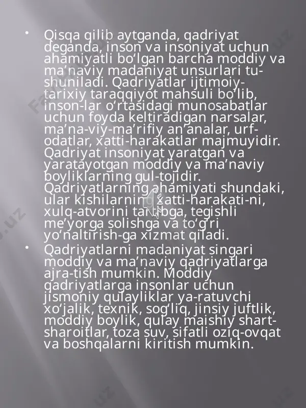 -mulohazalar ustunlik qilishga ha-rakat qilmoqda. amaliy hayot esa bunday qarashlarning asossiz ekanli-gini ko‘rsatmoqda, inkor etmoqda. aksincha, hayotiy tajribalar ko‘rsat-moqdaki, xususan, milliy belgilarning xilma-xilligi jahon madaniyati-ning barqarorligini va rivojlanishini ta’minlamoqda. meros-insoniyatning har bir tarixiy bosqichida yashagan avlodlari tomonidan yaratilgan va keyingisiga etib kelgan barcha moddiy va ma'naviy boyliklari majmuasidir. madaniy merosda kishilikning kelgusi taraqqiyotiga, ma'naviy yuksalishiga xizmat qiladigan, unga ijobiy ta'sir qiladigan qadriyat ahamiyatiga ega bo'lgan madaniy yodgorliklar hisobga olinadi. demak, o'tmishda yaratilgan madaniy yodgorliklarning qadriyat ahamiyatiga ega bo'lganlarigina madaniy meros bo'lib qoladi. yana shunga e'tibor berish lozimki, madaniy merosda ko'proq umumiylik ustinlik qiladi. ma'naviy merosda esa xususiylik ustunlik qiladi. madaniy meros umuman madaniyat yutuqlarini o'z ichiga qamrab oladi. ma'naviy meros esa ma'naviy madaniy yutuqlarini o'z ichiga qamrab oladi. talabalar bu farqlanishni xususiyatini albatta o'rganib olishlari lozim. kundalik hayotimizda ma'naviy meros ma'naviy qadriyat sifatida namoyon bo'ladi. ma'naviy meros davrlar, asrlar o'tishi bilan o'z qadrini yo'qotmasdan, sifat jihatidan yangi ahamiyatni mazmunan kasb …