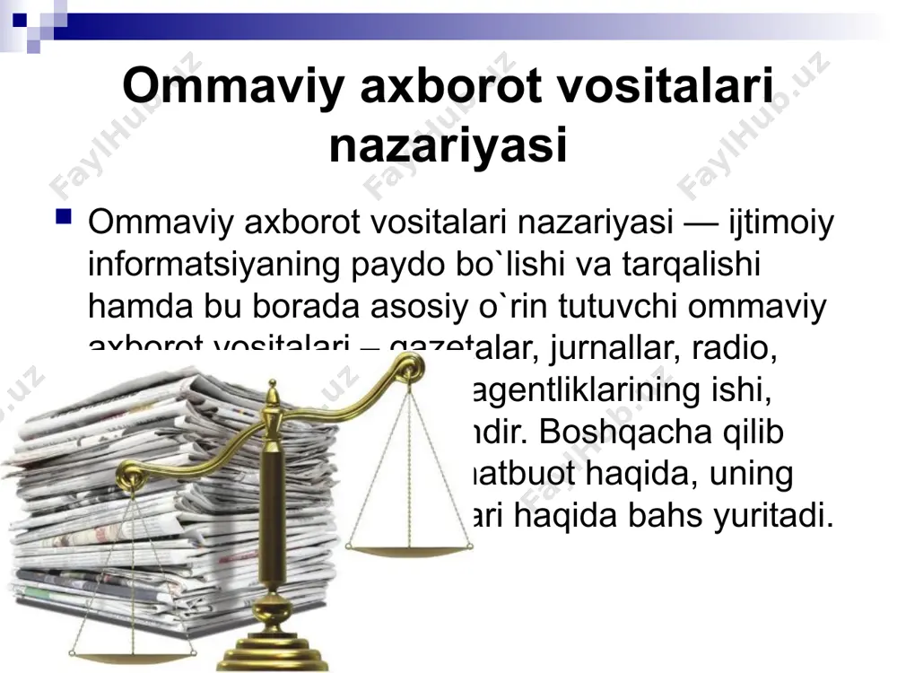 qiqotlar markazi (o`zbekiston) tomonidan tashkil etildi. davra suhbatining mavzusi - "zamonaviy axborot maydonining shakllanishi: media hududini tashkil etishda axborot tehnologiyalari, tuzilmaviy yondashuv va mintaqaviy xususiyatlarning roli", deb ataldi. axborot kurashi - manfaatlar kurashi bugungi voqyealar, xususan, xalqaro terrorizmning payini qirqish borasida tuzilgan xalqaro koalitsiyaning shu yil 7 oktabr kuni kechasi afg'onistondagi terroristlar bazalariga havodan zarba bera boshlagani butun dunyo ommaviy axborot vositalari e'tiborini markaziy osiyo mintaqasiga qaratdi. xalqaro terrorizmni ildizi bilan qo'porib tashlash uchun kurash bilan birga dunyoning "yangilik imperiyalari" o'rtasida o'z tomoshabinlari/tinglovchilari/o'quvchilariga yangilikni birinchi bo'lib yetkazib berish uchun bo'lgan kurash ham qizib ketdi. bu tabiiy. chunki har kim bu yerdan o'ziga tesha tegmagan yangilik axtaradi, shov-shuv ko'targisi, birinchi bo'lgisi keladi. matbuot erkinligi va uning mohiyati matbuot nazariyasida matbuot erkinligi masalasi ham muhim o`rin tutadi. chunki bu muammo ham matbuotning mohiyatini, uning jamiyat hayotidagi o`rnini belgilaydi. matbuot erkinligi – so`z erkinligi, shaxs erkinligi, vijdon erkinligi singari siyosiy huquqlardan biri bo`lib, …
