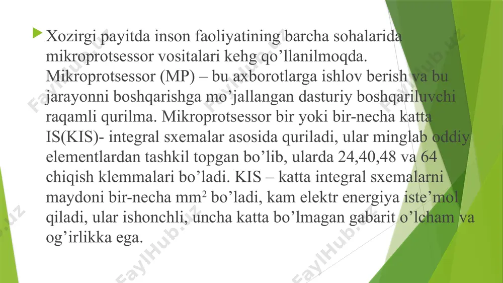 mpt-mikroprotsessor tizimini struktura sxemasi mpt mikroprotsessor tizimi quyidagi bloklardan iborat bo’ladi: мп – mikpoprotsessor; озу – operativ xotira qurilmasi; пзу – doimiy xotira qurilmasi; иу – interfeys qurilmasi; ус – tashqi ob’ekt bilan aloqa qurilmasi; взу – tashqi xotira qurilmasi; увв – kirish-chiqish qurilmasi; ош – umumiy shina; шд – ma’lumotlar shinasi; шу – boshqarish shinasi; ша – manzillar shinasi. озу operativ xotira qurilma va пзу doimiy xotira qurilmalar dasturlar ma’lumotlari va ishlov berilgan natijalarni saqlash uchun xizmat qiladi. увв kirish-chiqish qurilmasi inson bilan mpt o’rtasida aloqa qilishga mo’jlallangan, ularga klaviatura, printer, grafik qurish moslamasi, display va boshqalar kiradi. ус aloqa qurilmasi tashqi ob’ektlar bilan ishlash uchun qo’llaniladi, ular sifatida yc1 va yc2 elementlar: ацп – analog-raqamli o’zgartgich va цап – raqamli-analog o’zgartgichlar ishlatiladi. иу interfeys qurilmasi bu electron sxemalar, shina va algoritmlar to’plami bo’lib, ular mp va tashqi qurilmalar bilan birgalikdagi ishini ta’minlaydi. mpt o’zining xarakteristikalari va qo’llanilishiga ko’ra …