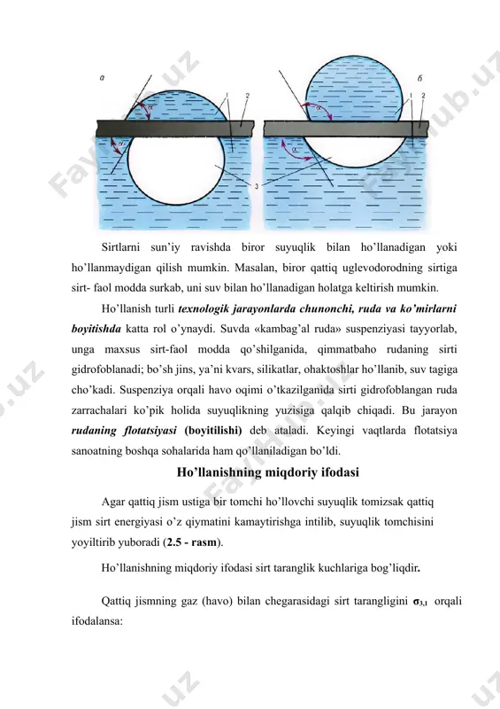 -o’zicha sodir bo’ladigan jarayondir. biror adsorbent suyuqlikka tushirilganida ho’llanish issiqligi ajralib chiqadi. uning qiymati: q s= sol. e e1 − 2 bilan ifodalanadi. bu yerda ssol.– adsorbentning solishtirma sirti4 e1–adsorbentning adsorbent-havo chegarasidagi to’liq sirt energiyasi; e2–adsorbentning adsorbent–suyuqlik chegarasidagi to’liq sirt energiyasi. differensial va integral ho’llanish issiqliklari m a v j u d. bu issiqliklarning qiymatlari qattiq jismni ho’llaydigan suyuqlik miqdorlariga bog’liq. ma’lum (x) miqdor zarrachalarni adsorblab olgan suyuqlik sirtiga cheksiz kam miqdor suyuqlik qo’shilganida ajralib chiqadigan issiqlik miqdori qd–differensial xo’llanish issiqligi deb ataladi. uning kattaligi j·mol-1 m2 lar bilan ifodalanadi. qattiq jism sirtiga qo’yilgan tomchi ustiga yana tomchilar qo’shila borganida sistemaning differensial ho’llanish issiqligi kamaya boradi. binobarin, differensial ho’llanish issiqligining maksimal qiymati qattiq jism sirtidagi suyuqlik miqdori nolga teng bo’lgan holatdagi ho’llanishga, ya’ni fazalarning ajralish chegarasiga muvofiq keladi. termodinamik mulohazalar yuritish natijasida differensial ho’llanish issiqligi sof adsorbsiya issiqligiga teng ekanligi aniqlandi. integral ho’llanish issiqligi qi - deganda sirt birligiga x …