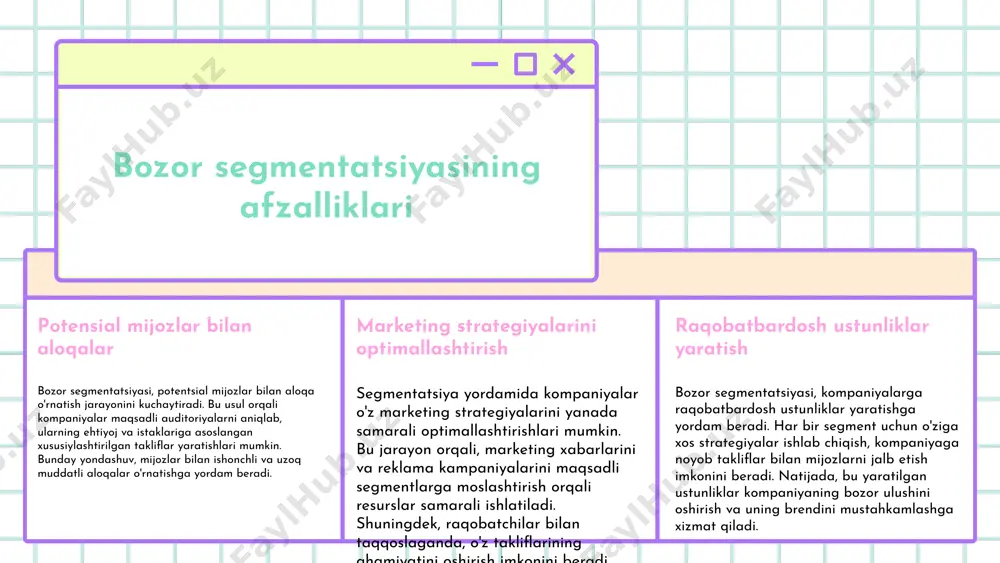 egiyalar o'rta yoshdagi iste'molchilar uchun an'anaviy marketing strategiyalari: televideniye reklamalari, email marketing kampaniyalari. har bir segment uchun strategiyalar swot tahlili swot tahlili: kuchli tomonlar - brendning tanilishi; zaif tomonlar - raqobatchilarga nisbatan yuqori narxlar. marketing strategiyalari photo by jason goodman on unsplash photo by campaign creators on unsplash photo by windows on unsplash xulosa • bozor segmentatsiyasi: mijoz ehtiyojlarini aniqlash va mos strategiyalar ishlab chiqish zarur. • tovar pozitsiyalash: tovarlarni raqobatchilar orasida ajratish va iste'molchilarga qiymat taklif qilish. • segmentatsiya va pozitsiyalash strategiyalari: biznes natijalarini yaxshilash va bozor imkoniyatlaridan foydalanish. • bozor segmentatsiyasi va pozitsiyalash o'rtasidagi bog'liqlik: strategik muhimligini ta'kidlash. • taklif: kompaniyalar strategiyalarini yangilab, mijoz ehtiyojlarini kuzatishi kerak. • o'zgaruvchan bozor sharoitlariga moslashish: innovatsion yondashuvlarni qo'llash zarur. photo by smartworks coworking on unsplash e'tiboringiz uchun rahmat! image1.png image2.png image3.png image4.png image14.jpg image15.jpg image16.jpg image17.jpg image12.png image13.png