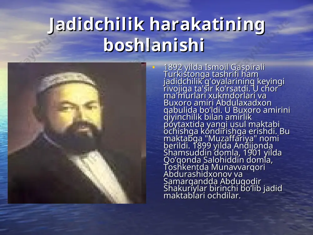 shqalar "bolalar tarbiyasi" xayriya jamiyatini tashkil etib, 1911 yilda 15 ta, 1912 yilda 30 ta talabani turkiyaga o’qishga jo’natdi jadidchilikning asosiy maqsad va vazifalari jadidchilik turkistonda madaniy-ma'rifiy harakat sifatida rivojlandi va asosiy maqsadi milliy hayotni zamonaviylashtirishga qaratildi. bu jumladan quyidagilarni anglatar edi; -xalq ta'limini isloh qilish; -adabiyotni rivojlantirish; -zamonaviy matbuotni yaratish; -islom aqidaparastligi va mutaassiblikni rad etish; -zamonaviy teatr va dramaturgiyani yaratish; -tarix fanini rivojlantirish va o’zbek xalqining yangi tarixini yo’zish. jadidlarning xalqparvarligi jadidlar etiqodli, izchil va chinakam musulmonlar bo’lib, hech mahal turkistonda islom dini arkonlarini taftish qilishni istamaganlar. jadidlar islomni bar xil soxtaliklardan tozalab, xaqiqiy dinni qaror toptirish va dunyoviy bilimlami egallash yo’li bilan jamiyatda uning ta'sirini mustahkamlashga erishmoqchi edilar. jadidlarga mutaassib ruxoniylar qarshilik ko’rsatdilar. ular jadidlarni padarkushlar, maktablari haqida esa «bu xil maktabda o’quvchi-talabalar birinchi yili gazeta o’qiy boshlaydi, ikkinchi yili ozodlikni talab qilishadi, uchinchi yili esa janobi oliylarni taxtdan ag'darib turmaga tiqib qo’yishadi», -der edilar. jadidlarning xalqaro …