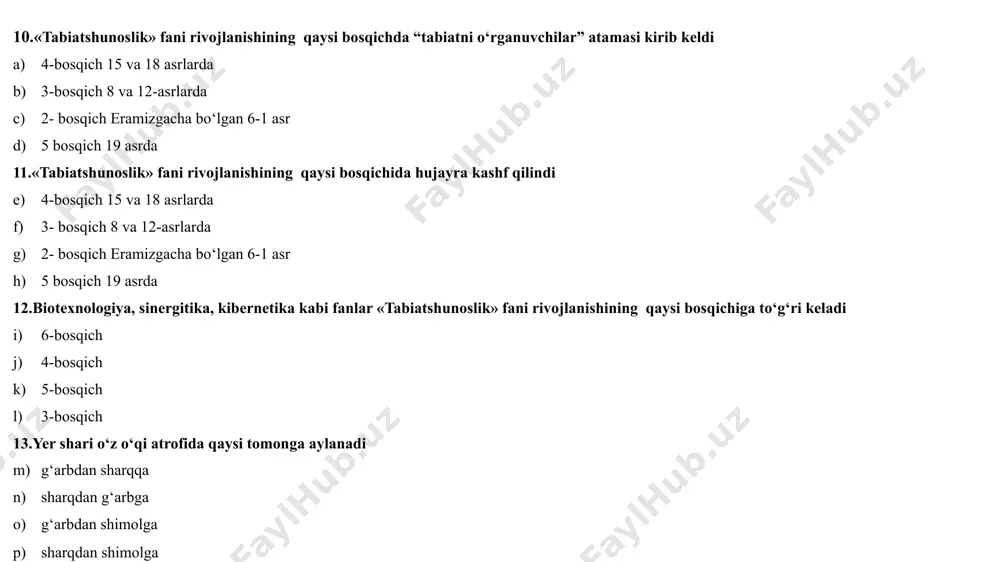 alik 37.dengiz sathidan 500 m dan yuqori bo‘lgan relef shakilga qaysi relef shakli kiradi pasttekislik qir yassitog‘lik tepalik 38.qatorosiga tizilib ketgan tutash tog‘lar nima deb ataladi tog‘ tizmasi б) tog‘ balandligi с) tog‘ cho‘qqisi д) tog‘ tekisligi 39.zilzilaning 1 ball xolati qanday bo‘ladi yerning tebranishini sezgir asboblar sezadi juda kuchsiz tinch turgan kishi ba’zan biladi kuchsiz tinch turgan kishilar ko‘pchilik bilishi mumkin o‘rtacha kuchga ega bo‘lib, deyarli hamma sezadi 40.zilzilaning 2 ball holati qanday bo‘ladi yerning tebranishini sezgir asboblar sezadi juda kuchsiz tinch turgan kishi ba’zan biladi kuchsiz tinch turgan kishilar ko‘pchilik bilishi mumkin o‘rtacha kuchga ega bo‘lib, deyarli hamma sezadi 41.zilzilaning 3 ball holati qanday bo‘ladi juda kuchsiz tinch turgan kishi ba’zan biladi kuchsiz tinch turgan kishilar ko‘pchilik bilishi mumkin o‘rtacha kuchga ega bo‘lib, deyarli hamma sezadi 42.zilzilaning 4 ball holati qanday bo‘ladi yerning tebranishini sezgir asboblar sezadi juda kuchsiz tinch turgan kishi ba’zan biladi kuchsiz tinch turgan kishilar …