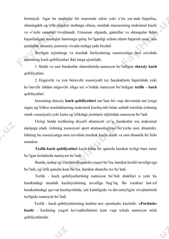 har-xil harakatlardagi quvvat kuchayishida, uni kattaligida va davomiyligini rivojlantirish tezligida namoyon bo’ladi. tezlik - kuch qobiliyatlarining muhim turi «portlash» kuchidir. «portlash» kuchi - kuchning yuqori ko’rsatkichlarini kam vaqt ichida namoyon etish qobiliyatlaridir. u sprinter yugurishdagi startda, otishlarda, boksda va boshqa turlarda ahamiyati katta. ko’rinib turibdiki, sport ustasida nafaqat kuch namoyon bo’lishining yuqori darajasi mavjud bo’lib, balki eng muhimi, u kuchning maksimal kattaligiga juda qisqa vaqt ichida erishadi. portlash harakatining tarkibiy qismlari uchta bo’lib, asab-mushak faoliyatining quyidagi xususiyatlari bilan belgilanadi: mushaklarning maksimal kuchi, mushaklar kuchayishining boshlanishida tashqi harakatni tez namoyish etish qobiliyati (start kuchi), qo’zg’alayotgan massaning tezlashuvi jarayonida ishchi hara-katni o’stirish qobiliyati - tezlashtiruvchi kuch. aniqlanganidek, bu xususiyatlar u yoki bu darajada har bir insonga uning yoshi, jinsi, sport bilan shug’ullanishi, harakat faoliyatining turidan qat’iy nazar taalluqlidir. «portlash» kuchining rivojlanish darajasini quyidagi formula yordamida hisoblanadigan tezlik - kuch indeksi yordamida aniqlash mumkin: j=f max / t max, bunda j- tezlik-kuch indeksi; …