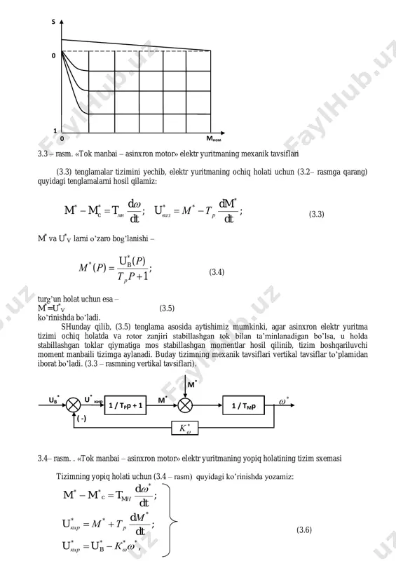 ik tavsiflari (3.3) tenglamalar tizimini yechib, elektr yuritmaning ochiq holati uchun (3.2– rasmga qarang) quyidagi tenglamalarni hosil qilamiz: ;; * **** dt dm тмu dt d tmm рвазмнc   (3.3) m * va u * v larni o’zaro bog’lanishi – ; 1 )( )( * *   рт рu рм р b (3.4) turg’un holat uchun esa – m * =u * v (3.5) ko’rinishda bo’ladi. shunday qilib, (3.5) tenglama asosida aytishimiz mumkinki, agar asinxron elektr yuritma tizimi ochiq holatda va rotor zanjiri stabillashgan tok bilan ta’minlanadigan bo’lsa, u holda stabillashgan toklar qiymatiga mos stabillashgan momentlar hosil qilinib, tizim boshqariluvchi moment manbaili tizimga aylanadi. buday tizimning mexanik tavsiflari vertikal tavsiflar to’plamidan iborat bo’ladi. (3.3 – rasmning vertikal tavsiflari). 3.4– rasm. . «tok manbai – asinxron motor» elektr yuritmaning yopiq holatining tizim sxemasi tizimning yopiq holati uchun (3.4 – rasm) quyidagi ko’rinishda yozamiz: , ; ; **** * ** …