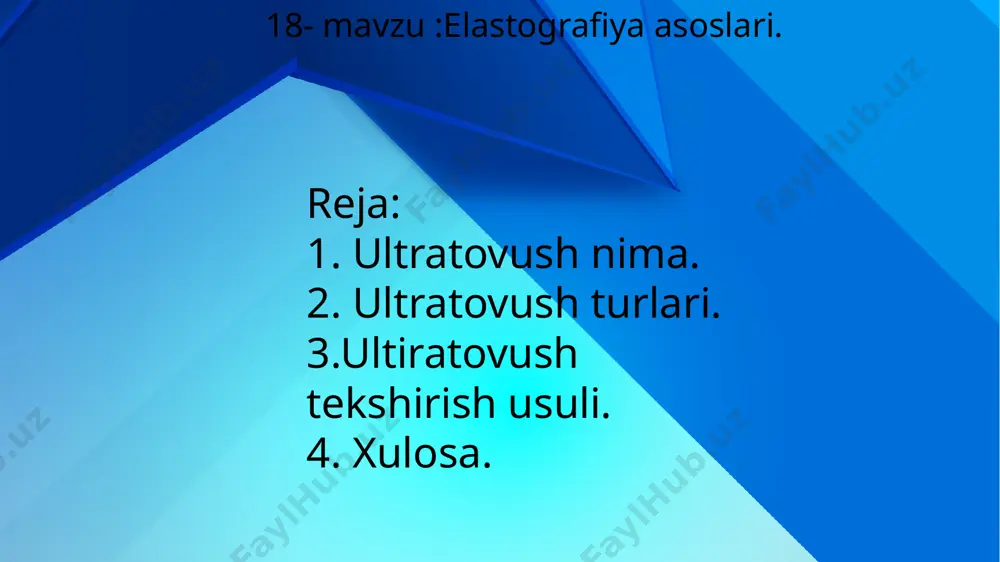 ratovush toʻlqinlarining manbai boʻlishi mumkin. ultratovush qurilmalaridagi bu qism akustik oʻzgartirgich, transduser yoki transduser deb ataladi. yuqorida aytib oʻtilgan kristallar tovush toʻlqinlarini qabul qilish va uzatish uchun ishlatiladi. ultratovush nima? to’xtovsiz harakatlanib turgan yoki turg’un holatdan prеdmеt (tеbranayotgan qo’ng’iroq yoki tor, sakratilayotgan koptok, uchayotgan qush, qulayotgan daraxt) o’z atrofiga prujinaday siqiq to’lqinlar yoki tеbranishlar tarqatadi, ular havo orqali bizning qulog’imizga yеtib kеladi va biz ularni tovush tarzida qabul qilamiz. inson yuqori chastotali tovushlarni, ya'ni ultratovushlarni yaxshi ajrata olmaydi. biroq ayrim hayvonlar bu tovushlarni ham yuzaga kеltiradi, ham qabul qiladi. inson idroki sеkundiga 16 dan tortib 20 000 tеbranishgacha bo’lgan chastotali tarang —siqiq to’lqinlarni qabul qiladi. add your text xulosa. ultratovush tekshiruvi bu (utt)- organlar va to’qimalarni ultratovush to’lqinlari yordamida tekshirishdir. maxsus ultratovush qabul qiluvchi qurilma bu o’zgarishlarni grafik tasvirlarga aylantirib yozib boradi. bu tasvirlar monitor yoki maxsus fotoqog’ozda aks etishi mumkin. uttni bemorni kuzatishning bir necha oydan tortib yillargacha butun …