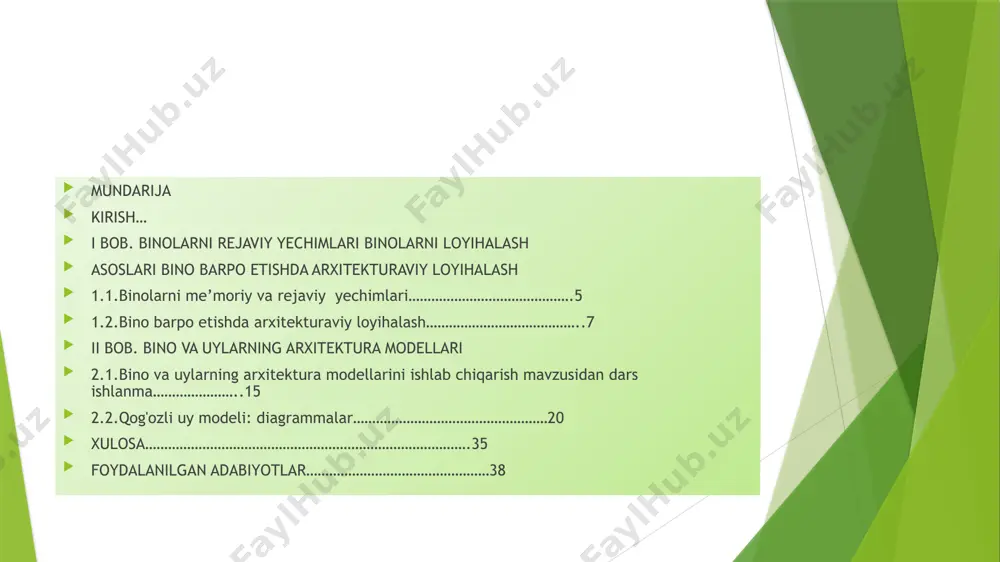 anilgan adabiyotlar va ilovalardan iborat. kurs ishining tuzilishi: dunyoda odamlar paydo bo‘lgandan boshlab dastlab o‘ziga bosh pana, uy-joy, qurish bilan mashg‘ul bo‘lishgan. asrlar, ming yillar o‘tishi bilan er kurrasida odamlar tomonidan turli tuman binolar, inshootlar, yo‘llar, ko‘priklar suv havzalari bog‘ rog‘lar va boshqalar qurilgan, bunyod etilgan. ma’lumki, har qanday bino va inshootlarni qurish uchun dastlab uning loyihasi chiziladi. bino va inshootlar arxitekturasi fani, bino va inshootlar ularning komplekslari va yashash massivlarini loyihalashni umumiy texnik, badiiy memoriy uslublari qoidalarini o‘rgatadi. bino odamlar tomonidan ma’lum maqsadda quriladigan inshootlarning bir turi bo‘lib, unda turli ijtimoiy ma’muriy xo‘jalik va ishlab chiqarish jarayonlarini amalga oshirish uchun muhit yaratiladi. binolar va inshootlar asosan uch turga bo‘linadi. fuqaro binolari. sanoat binolari. qishloq xo‘jalik bino va inshootlari. fuqaro binolari o‘z navbatida ikki turga bo‘linadi. jamoat binolari. yashash, turar-joy binolari. yashash, turar-joy binolari odamlarning doimiy yoki vaqtinchalik yashashlari uchun mo‘ljallangan bo‘lib, ularga yashash uylari, yotoqxonalar, mehmonxonalar kiradi.jamoat binolari deb, …