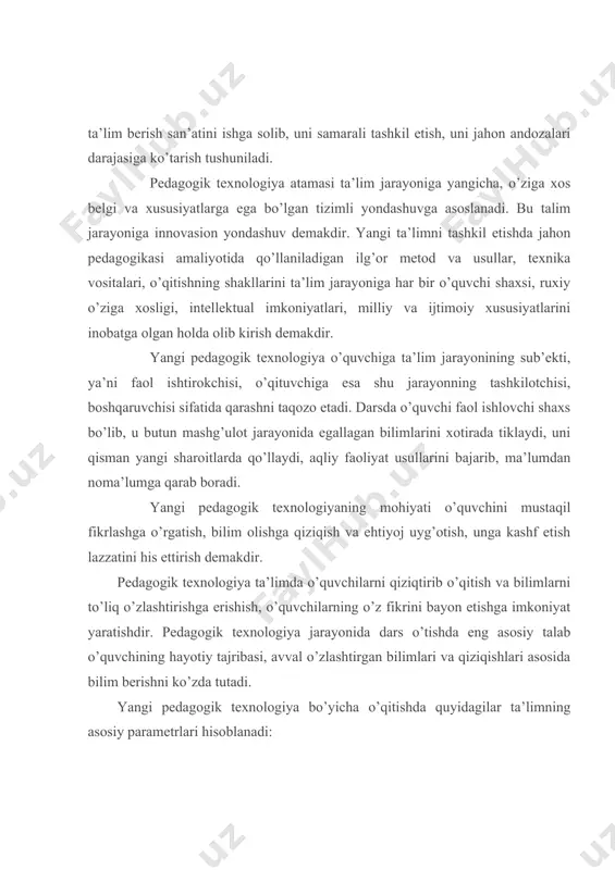 iy kuchlarini rivojlantirishni ko’zda tutadi. 3. ta’lim jarayoni demokratik, rag’batlantiruvchi uslubda bajariladi. 4. ta’lim jarayonining zaruriy sharti o’quvchining shaxsiy tashabbusini qo’llab quvvatlash, o’qituvchi shaxsinipg ochiqligi, ularning hamkorligi, o’zaro ishonchli munosabatlarni yuzaga keltirishdir. pedagogik texnologiya o’ziga xos tamoyillarga ega bo’lib, bular kuyidagilardir: 1. muayyan dars, mavzu, qism, o’quv predmetidan kutilgan asosiy maqsadni shakllantirib olish. 2. umumiy maqsaddan kelib chiqib, darsni yoki o’quv predmetini modullarga ajratib, har bir moduldan kutilgan maqsadni va modullar ichida hal qilinishi lozim bo’lgan masalalar tizimini aniqlab olish. 3. modul ichida echiladigan masalalarning’ har biri bo’yicha test savollarini tuzib chiqish. 4. maqsadlarga etish usullari tanlanib, ularni ishlatadigan aniq joylarni belgilab olish. 5. dars qismlari orasidagi zaruriy bog’liqliklarga va fanlararo aloqalarga alohida e’tibor qaratish. yangi pedagogik texnologiyalarga bag’ishlangan adabiyotlar va maqolalarda bir qator o’qitish usullari haqida so’z yuritilmoqda. bu usullar innovasion metodlar sifatida taqdim etilmoqda. shulardan ona tili darslarida qo’llanishi mumkin bo’lgan ayrim metodlar xususida so’z yuritamiz. 1. modulli …