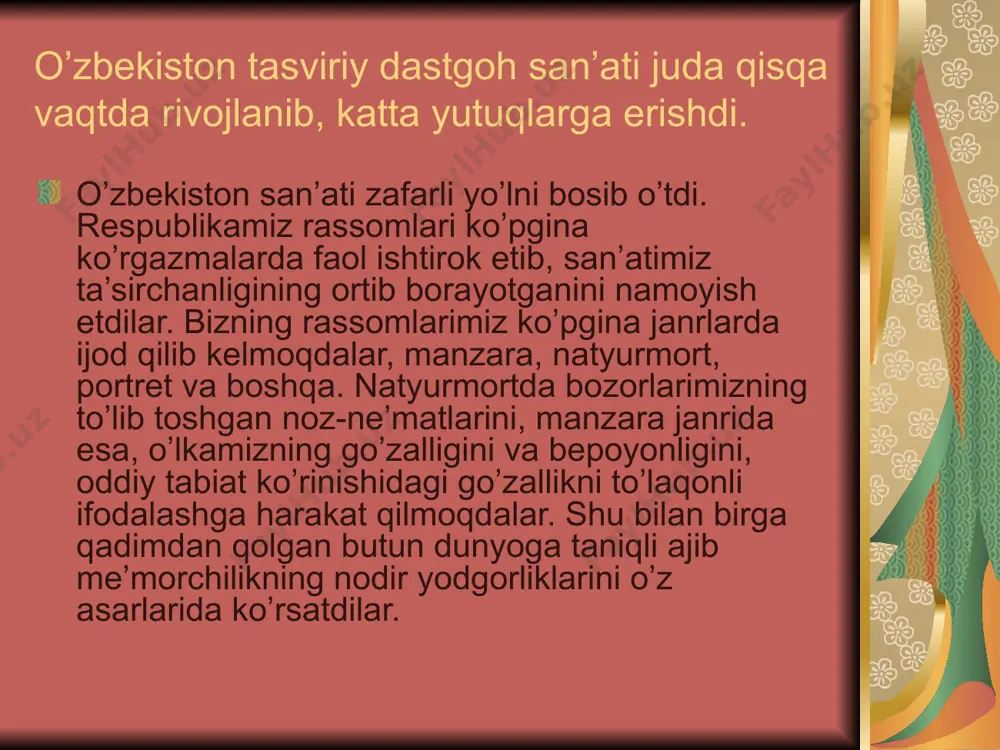 ini har tomonlama rivojlantirish, moddiy-texnik negizini yanada mustahkamlash, mamlakatimizda amalga oshirilayotgan ma’naviy-ma’rifiy isloxotlarda teatr arboblarini faol ishtirokini ta’minlash, milliy va umumbashariy qadriyatlarni tarannum etuvchi badiiy barkamol sahna asarlari yaratishni, maxsus ta’lim tizimini zamon talablariga mos holda takomillashtirish, yuqori malakali kadrlarga bo‘lgan ehtyojni to‘laroq qondirish o‘zbekiston teatr san’atini rivojlantirish teatr. mustaqillik yillarida amalga oshirilayotgan ma’naviy- ma’rifiy islohotlar jarayonida teatr san’ati ham rivojlandi. 1993 yilda foydalanishga topshirilgan “turkiston” saroyi vatanimiz va xorijlik teatr arboblarining, ijodiy guruhlarining sahna asarlari namoyish etiladigan dargohga aylandi. andijonda jamoatchilik asosida faoliyat ko’rsatayotgan yoshlar teatri, abbos bakirov nomli yoshlar va bolalar teatriga aylantirildi. respublika prezidentining 1995yil 20 oktyabrdagi “o’zbekistonda teatr va musiqa san’atini yanada rivojlantirishni qo’llab- quvvatlash va rag`batlantirish chora-tadbirlari to’g`risidagi”gi, 1998 yil 26 martdagi “o’zbekiston teatr san’atini rivojlantirish to’g`risida”gi farmonlari asosida teatrlar davlat byudjeti hisobiga qo’llab- quvvatlandi. farmon binoan madaniyat ishlari vazirligi tizimida va teatr ijodiy xodimlari uyushmasi qoshida 1998 yilda “o’zbekteatr” ijodiy- ishlab chiqarish birlashmasi tashkil …