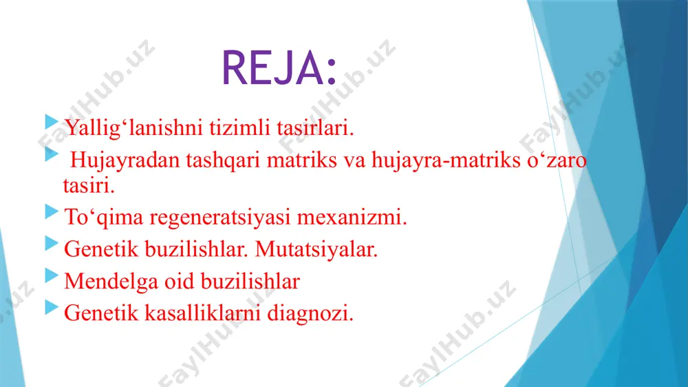 mlangan, irsiyatni belgilovchi materiallar to‘plami. inson genomi tushinchasini 1920 yil gans vinkler kiritgan va u organizmning genlar va xromasomalar to‘plami hisoblanadi. genetika so‘zi 1912 yilda paydo bo‘lgan va u biologiyaning alohida qismi sifatida qabul qilingan. gen dnkning alohida qismi. har bir gen inson tanasi qismi yoki belgisiga javobgar: bo‘yi, ko‘z rangi va boshq. inson organizmida o‘rtacha 28 000 gen mavjud. tananing bitta belgisiga bir nechta genlar javobgar bo‘lishi mumkin. masalan: bo‘y 16ta genga bog‘liq. ko‘z rangi 2ta gen bilan boshqariladi, ulardan jigar rang ko‘z geni dominant. dnk o‘lchamlari dnk molekula qalinligi 2 nm dnk har bir o‘rama uzunligi 3,4 nm har bir o‘ramada 10 juft nukletidlar joylashgan har bir nukleotidning o‘rtacha uzunligi 0,34 nm dnk nasliy ma’lumotlarni bir avloddan keyingi avlodga o‘tkazadi gen va xromasoma mutatsiyalar turlari: deletsiya – bu gen yoki xromasoma bir qismining yo‘qolishi inversiya – gen yoki xromasoma qismlarining 180° ga aylanib qolishi dublikatsiya – gen yoki …