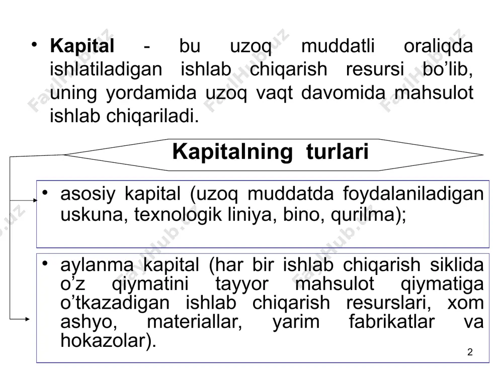 sh deganda, yalpi va sof investitsiyalash tushuniladi. yalpi investitsiyalash - kapital zahirasining umumiy o’sishidir. qoplash - asosiy kapitalning ishdan chiqqan qismini almashtirish. sof investitsiya - yalpi investitsiyadan qoplash uchun sarflanadigan mablag’ni ajratgandan keyingi qolgan qismi. sof investitsiya = yalpi investitsiya - qoplash. * qisqa muddatli loyihalarni (qisqa muddatli investitsiyalarni) tahlil qilganda kapitalning ichki o’zini oqlash koeffisienti r dan va ssuda foizi i dan foydalaniladi. qisqa muddatli oraliqdagi investitsiyalarning (bir yillik oraliqdagi) chekli sof oqlashi ularning chekli ichki oqlash koeffisientidan ssuda stavkasi foizini ayirish orqali aniqlanadi: δr = r - i bu yerda δr - chekli sof qoplash; r - chekli ichki qoplash; i - ssuda stavkasi foizi. agar r = i bo’lsa, investitsiyadan olinadigan foyda maksimal bo’ladi. * bir yillik investitsiya qaytimlari do’konlarning sotish quvvati (bir kunlik) kg umumiy inves-tisiya (kapitalmablag’ sarfi), so’m chekli inves-tisiya, so’m kapital-ga to’la-nadigan chekli foiz, so’m chekli sotish xarajat-lari, so’m chekli umumiy xara-jatlar, so’m (mc) …