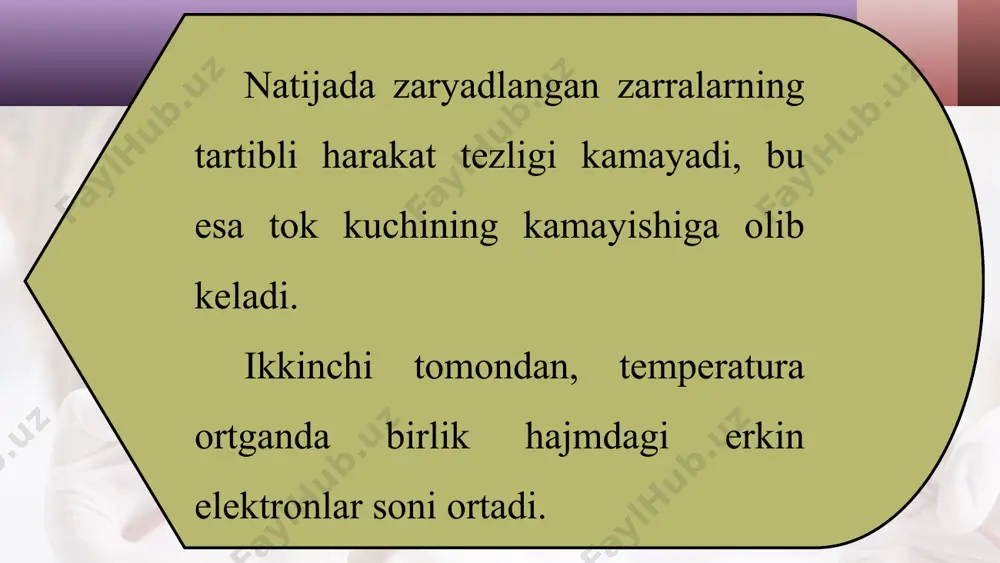 otishmalarda 25 k dan past temperaturalarda kuzatiladi. 1957-yilda o‘ta o‘tkazuvchanlik hodisasi kuper va bogolyubovlar tomonidan nazariy asoslandi. 1957-yilda kollinz tomonidan o‘tkazilgan tajribada tok manbayi bo‘lmagan berk zanjirda tok 2,5 yil mobaynida to‘xtovsiz oqib turgan. 1986-yilda metallokeramika materiallarida yuqori temperaturali (100 k) o‘ta o‘tkazuvchanlik jarayoni kuzatilgan. masala yechish namunasi elektr lampochkasidagi volframdan yasalgan spiralning 20 o c dagi qarshiligi 30 ω ga teng. lampochkani 220 v o‘zgarmas tok manbayiga ulanganda undan o‘tuvchi tok kuchi 0,6 a ga teng bo‘ldi. lampaning yonishdagi spiral temperaturasini aniqlang.