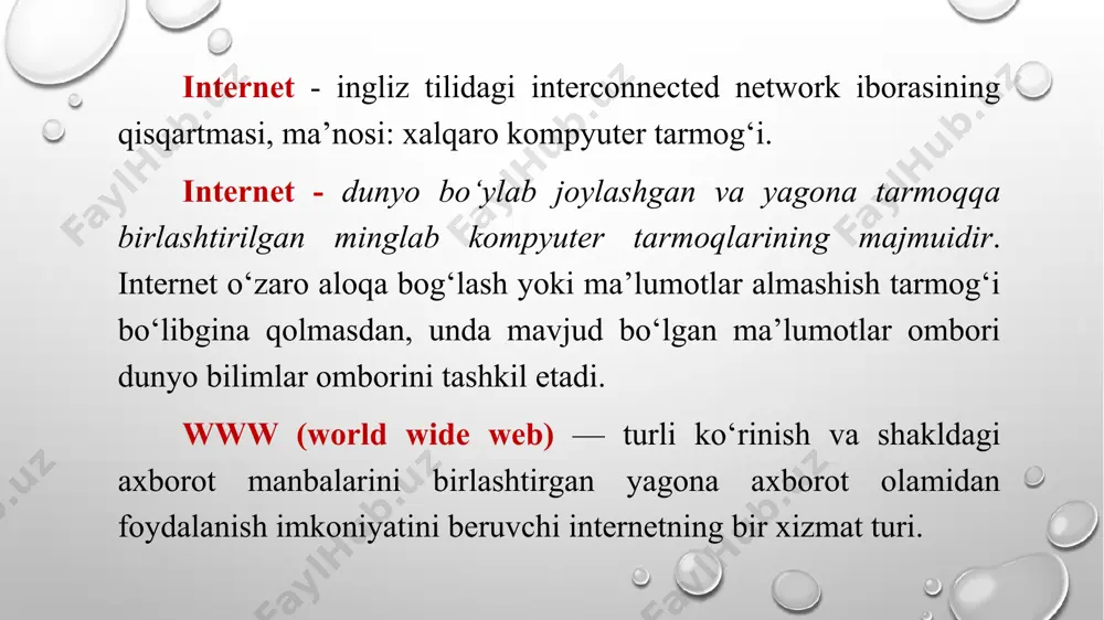 uftmas teglar: ko‘rinishdagi teg ochiladi, yopilishi shart emas, masalan, o‘zidan keyingi matnni yangi satrga o‘tkazuvchi tegi kabi. html-hujjat — «html» yoki «htm» kengaytmali matnli fayl bo‘lib, u oddiy matn muharririda teglar qo’llab yozilgan matn. html-hujjat va teglari orasida yozilgan bo’ladi. html-hujjat xotiraga yuklansa, u ekranda web-brauzer yordamida web-sahifa ko‘rinishida aks etadi. html-hujjat, odatda, ikkita bo’limdan iborat bo’ladi. birinchisi head (ing. bosh qism yoki sarlavha) bo’limi bo’lib u va teglari orasida joylashadi. ikkinchi body (tana) bo’limida hujjatning mazmuni aks etadi va u va teglari orasida joylashadi. web-sahifaga kiritilishi lozim bo’lgan yana bir element web- sahifa nomi bo’lib, nom kiritish uchun juft tegi qo’llaniladi. web-sahifada bu teg bir marta ishlatiladi. web-sahifa nomi web-brauzerning sarlavha satrida aks etib, web- sahifaning ichida ko'rinmaydi. shu sababli uni web-sahifaning istalgan joyiga (odatda, head bo’limida) yoziladi. web- sahifaga istalgan nom, masalan, o‘z ismingizni berishingiz mumkin. html tili 6 ta pog‘onali sarlavha qo‘yish imkonini beradi. buning uchun html …