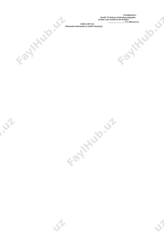 anazarova dars jadvali matematika-informatika yo’nalishi (kunduzgi) hafta kunlari juftilik 105-guruh o’zbek(22) xona 106-guruh o’zbek(22) xona 107-guruh o’zbek(21) xona 108-guruh o’zbek(21) xona dushanba 1 algebra va sonlar nazariyasi (amaliyot) hayitmurodov sh 407b (30) rus tili nurmuhamedova 311b (30) informatika asoslari (a)abduraxmonov 310b (30) informatika (amaliyot) rasulov u 414b (30) rus tili yusupova 312b (30) 2 informatika (amaliyot) rasulov 307 rus tili nurmuhamedova 416 (30) matematik analiz (amaliyot) ibragimov a 314 (30) rus tili yusupova 417 (30) 3 ingliz tili turumova 414 (30) ingliz tili qutbiddinova 413 (30) ingliz tili qurbonova 407 (30) ingliz tili nizamiddinova 417b (30) nemis tili utayev 416 (16) nemis tili xasanov 12m (22) nemis tili utayev 416 (16) nemis tili xasanov 12m (22) fransuz tili bozorova 26 (18) fransuz tili bozorova 26(18) 4 seshanba 1 dasturlash asoslari (l) tojiyev m. abduraxmonov m 2 rus tili yusupova s 207 (30) 307 (30) rus tili usmonova 404 (25) dasturlash …