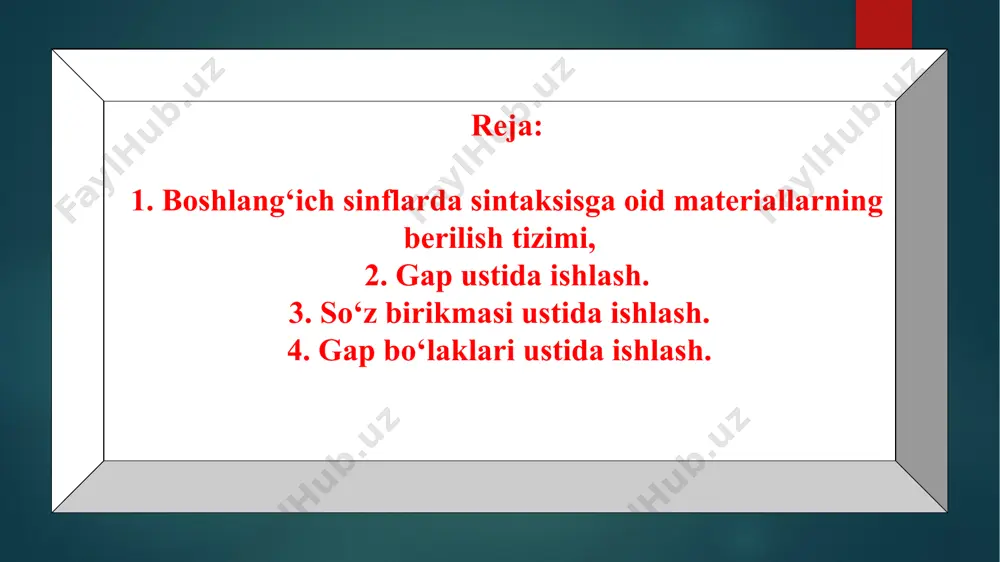 g maqsadga va ohangga ko‘ra turlaridan foydalanish ko‘nikmasini shakllantirish. 4.gapda so‘zlarni aniq qo‘llash ko‘nikmasini o‘stirish. 5. yozma nutqda gapni to‘g‘ri tuzib yozish, (uni bosh harf bilan boshlash, tinish belgilarini qo‘yish) ko‘nikmasini shakllantirish. ishning bu besh yo‘nalishi bir-biriga o‘zaro ta’sir etadi va gapning ayrim tomonlarini o‘rganish maqsadidagina ularning har biri mustaqil muhokama qilinadi. gapni o‘rganish va nutqda undan foydalanish ko‘nikmasini shakllantirish o‘quvchilarning aniq bilimlarini doimiy kengaytirib, boyitib borishga asoslanadi. o‘quvchi qanday yangilikni bilsa, unda bu yangilik haqida xabar berish ehtiyoji tug‘iladi. u o‘z fikrini ifodalash uchun qulayroq shakl qidiradi. demak, aloqa qilish talabidan gapni mukammalroq egallash zaruriyati kelib chiqadi. “gap“ mavzusi barcha sinflarda o‘rganiladi. gapning belgilari haqidagi bilimlar chuqurlashtirib boriladi. o‘quvchilar fikr ifodalovchi nutq birligi-gap xaqidagi elementar tasavvurdan gapning bosh va ikkinchi darajali bo‘laklari, gapda so‘zlarning bog‘lanishi, gapning uyushiq bo‘laklarini o‘rganishga o‘tadilar. gap ustida ishlashning boshlang‘ich bosqichi savod o‘rgatish davriga to‘g‘ri keladi. bu davrda o‘quvchilar gapning muhim xususiyatlari (fikr ifodalashi, tugallangan …