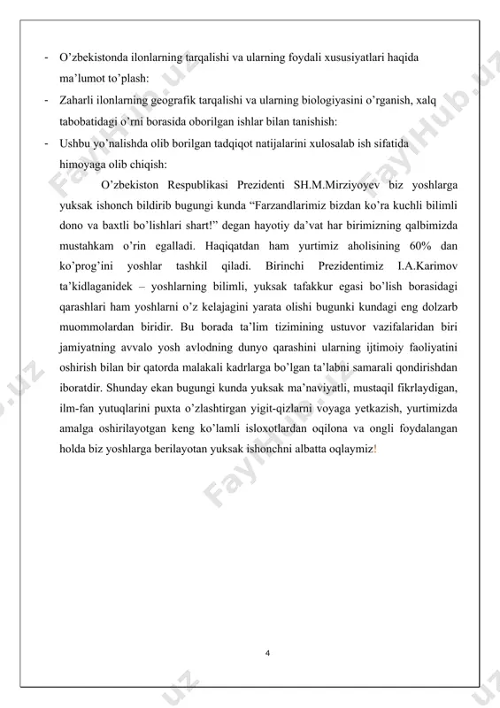 da hamda quruqlikda yashovchilar, qushlar va sut emizuvchilar) bilan oziqlanadi. suvli mevalar; masalan, pomidorlarni yeb yuborganlari ham bo’lgan. bu esa ularni o’z organizmini suv bilan ta’minlash maqsadida bo’lsa kerak. jinsiy demozfizm unchalik sezilmaydi. farqlari erkagining dumi urg’ochisiga qaraganda uzunroq. ko’pchilik turlarning urg’ochilari erkaklariga qaraganda kattaroq bo’ladi. tuxum qo’yib yoki tirik tug’ib ko’payadi. qiziqarli tamoni shundaki ayrim turlarning bir marta urug’lanishi 35 yilgacha urug’langan tuxum qo’yish uchun yetarli bo’ladi. bir yilda bir marta tuxum qo’yadi. birinchi marta tuxum qo’yishida mayda turlari 1 dan 34 tagacha yiriklari esa bir necha o’nlab tuxum qo’yadi. inkubatsiya davri 1 oydan 2 yarim oygacha. 1. 1.1-rasm. zaharli ilon kobra 1.1ilonlar turkumi vakillarining ichki va tashqi tuzilish ilonlar uzun, tor va mayin tanaga ega hayvonlardir. ularning oyoqlari, panjalari, qo'llari, qanotlari va suyaklari yo'q. faqat bosh, tana va dumi bor. ilonlar sudralib yuruvchilar sinfiga, skvum tartibiga kiradi. ular antarktida, yangi zelandiya, irlandiya va tinch okeanidagi ba'zi orollardan tashqari …