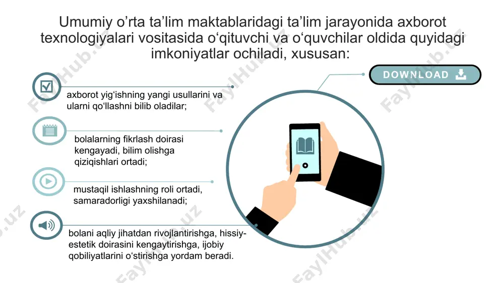 ositalari xizmat qiladi. kompyuter vositalari o‘quv-tarbiya jarayonining turli bosqichlarida:  o‘quvchilarga o‘quv materiallarini taqdim etish bosqichida;  kompyuter bilan interfaol o‘zaro birgalashib, harakat qilish jarayonida o‘quv materialini o‘zlashtirishda;  o‘zlashtirilgan bilimlar, malakalar va ko‘nikmalarni takrorlash va mustahkamlashda;  o‘qitishda erishilgan natijalarni oraliq va yakuniy nazorat qilish va o‘zo‘zini nazorat qilish bosqichida;  o‘quv materialini qismlarga bo‘lish, uni klassifikatsiyalash va tizimlashtirishni takomillashtirish orqali o‘qitish jarayoniga va uning natijalariga tuzatishlar kiritish bosqichida foydalanilishi mumkin. maktab pedagogik jarayonida kompyuter o‘qituvchi, ishchi qurol, o‘qitish obyekti, hamkorlik qiluvchi jamoa, bo‘sh vaqt (o‘yin) muhiti xizmatlarini bajarishi mumkin (g. k. selefko). oqilona tuzilgan kompyuterli o‘qitish dasturlari axborotni o‘quvchi tomonidan o‘zlashtirilishining psixologik va pedagogik qoidalari e’tiborga olingan taqdirda o‘qitishni individuallashtirish va differensiyalashtirishga, bolalarning qiziqishlari va o‘qishdagi mustaqil faoliyatini rag‘batlantirishga imkon beradi. kompyuter o‘qituvchi sifatida o‘qituvchini va kitobni qisman yoki to‘liq o‘rnini bosadigan o‘quv axboroti manbai; multimediya va telekomunikatsiya imkoniyatlari bilan tamoman yangi sifat darajasidagi ko‘rgazmali vosita; individual va …
