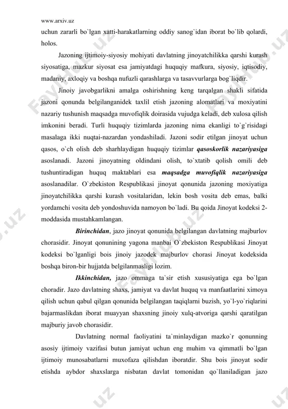alan, o`zbekiston respublikasi jinoyat kodeksining 8-moddasida odillik prinsipining tushunchasi berilgan bo`lib, jinoyat sodir etishda aybdor bo`lgan shaxsga nisbatan qo`llaniladigan jazo yoki boshqa huquqiy ta`sir chorasi odilona bo`lishi, ya`ni jinoyatning ijtimoiy xavflilik darajasiga muvofiq bo`lishi kerak, - deyiladi. jinoyat sodir etgan shaxsga nisbatan uning axloqan tuzalishi va yangi jinoyat sodir etishining oldindani olish uchun zarur hamda yetarli bo`ladigan jazo tayinlanishi yoki boshqa huquqiy ta`sir chorasi qo`llanishi o`zbekiston respublikasi jinoyat kodeksining 42-moddasida nazarda tutilgan jazoning maqsadlariga erishishni nazarda tutadi. jazo tayinlashning umumiy asoslari sudning jinoyat kodeksi maxsus qismining jinoyat sodir etganlik uchun javobgarlik nazarda tutilgan moddasida belgilangan doirada umumiy qismning qoidalariga muvofiq jazo tayinlashning bir qator masalalarni e`tiborga olishni taqozo qiladi. jinoyat kodeksining maxsus qismi moddasining sanksiyasi doirasida jazo tayinlanadi, deganda nimani tushunish kerak? ma`lumki, jinoyat kodeksi maxsus qismining moddalaridagi sanksiyalar alternativ sanksiya tariqasida berilgan bo`lib, sud jazo tayinlashda faqat ana shu sanksiyada ko`rsatilgan jazolardan birini asosiy jazo sifatida tayinlaydi. bunda sud …