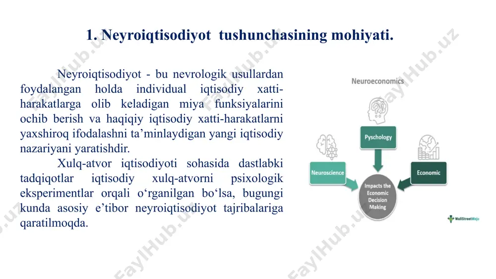 i o‘lchash talab etiladi. shu maqsadda neyronlarning elektr faolligini qayd etishda elektrofiziologik usuldan keng foydalaniladi. xususan, faol insonning elektr faolligini qayd etish uchun asosan hujayradan tashqari qayd etish usuli qo‘llaniladi. ushbu protsedura maqsadli miya hududiga mikro elektrodlarni kiritish orqali qo‘shni neyronlar bilan tashqaridan maqsadli miya hududining elektr faolligini qayd etishdan iborat. bu haqiqatan ham ma’lumotni uzatish va ma’lumotlarni qayta ishlash mexanizmini ochishning foydali usuli, chunki bu bizga neyronlarning elektr faolligini to‘g‘ridan-to‘g‘ri yuqori vaqt aniqligi bilan o‘lchash imkonini beradi. biroq, elektrodlarni kiritish uchun hayvonlarning miyasini shikastlashga to‘g‘ri keladi. shunday qilib, invaziv bo‘lmagan usul asosan insonlar bilan tajribalar uchun qabul qilinadi. markaziy nerv sistemasi elektrofiziologik usullar bilan tekshirilganda fon yoki spontan elektr faolligi qayd qilinadi va uning turli afferent ta’sirlar bilan o‘zgarishi aniqlanadi. pereferiyaga impuls olib boriladigan, markazdan qochuvchi nervlarda yoki markaziy nerv sistemasining bir bo‘lagidan boshqa bo‘laklariga impuls o‘tkazuvchi markaz ichidagi o‘tkazuvchi yo‘llarda elektr impulsatsiya ham o‘rganiladi. odatda noinvaziv o‘lchash usullari …