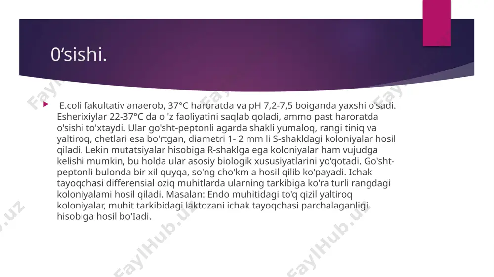 rasining yuzasida, ichburug'ga o'xshash kasallik qo'zg'atmivchilari esa shigellalar kabi epitelial hujayralar ichida ko'payadi. bakteriyalaming nobud bo'lishi natijasida k o 'p m iqdorda pirogen xususiyatiga e g a bo'lgan endotoksinlar hosil bo'iadi. vabosimon kasallik qo'zg'atuvchilari enterotoksin ajratadi. bu esa xolerogenga o'xshash adenilsiklazaning faolligini oshiradi, natijada siklikadenozinmonofosfat (s amf) to'planadi va ichak epiteliylarining o'tkazuvchanligi buzilib, o‘tkir ich ketishi ro‘y beradi. haroratga chidamli enterotoksin guanilsiklazani kuchaytirib samf hosil qiladi. h ozir e.coli ning enteroinvaziv, enteropatogen, enterogemorragik, enterotoksigen va enteroadgeziv turlari tafovut qilinadi. ularning bunday har xil xossalari plazmida va bakteriofaglar tomonidan ta’minlanadi. immuniteti yosh bolalarda koli-infeksiya immuniteti chuqur o'rganilgan em as, kasallikdan so‘ng tipmaxsus kuchsiz immunitet paydo boiadi. icesishma immunitet boim aganligi sababli odam umrida bir necha m arta koli-infeksiya bilan kasallanishi mumkin. koli-infeksiyadagi immunitet kuchsizligiga e.coli ning mikrokapsulasi borligi tufayli fagositoz qiluvchi hujayralar faolligining pasayishi ham sabab bo'ladi. laboratoriya tashxisi. kolienterit va boshqa koliinfeksiyalarga mikrobiologik tashxis qo'yish uchun bemorning najasi, burun-halqumidan surtina, …