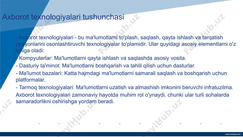 alarni yaxshilash va sotuvlarni boshqarish uchun ishlatiladi. bu texnologiyalar biznes jarayonlarini avtomatlashtirish va analitiklarni qo'llash imkonini beradi. ommaviy axborot vositalari ommaviy axborot vositalarida axborot texnologiyalari yangiliklarni tez tarqatish va auditoriya bilan aloqa o'rnatishda yordam beradi. raqamli platformalar orqali jurnalistlar va media tashkilotlar o'zlarining materiallarini keng auditoriyaga yetkazish imkoniyatiga ega bo'ladi. sog'liqni saqlash sog'liqni saqlashda axborot texnologiyalari bemorlarning ma'lumotlarini boshqarish va ularning holatini kuzatish uchun qo'llaniladi. elektron sog'liqni saqlash yozuvlari, telemeditsina va mobil ilovalar bemorlar uchun qulayliklar yaratadi va tibbiy xizmatlarni yaxshilaydi. www.company.com zamonaviy axborot texnologiyalarining afzalliklari zamonaviy axborot texnologiyalari tezkor ma'lumot uzatishni ta'minlaydi, bu esa qaror qabul qilish jarayonini tezlashtiradi. samardorlik osonlik axborot texnologiyalari foydalanuvchilarga oson interfeyslar va qulay xizmatlar taqdim etadi, bu esa ish faoliyatini soddalashtiradi. www.company.com raqamli texnologiyalari haqida tushuncha raqamli texnologiyalar - bu axborotni yaratish, saqlash, qayta ishlash va uzatish jarayonlarini amalga oshiruvchi texnologiyalar yig'indisidir. ularning ahamiyati hayotimizda katta o'rin tutadi, chunki ular ish jarayonlarini tezlashtiradi va …