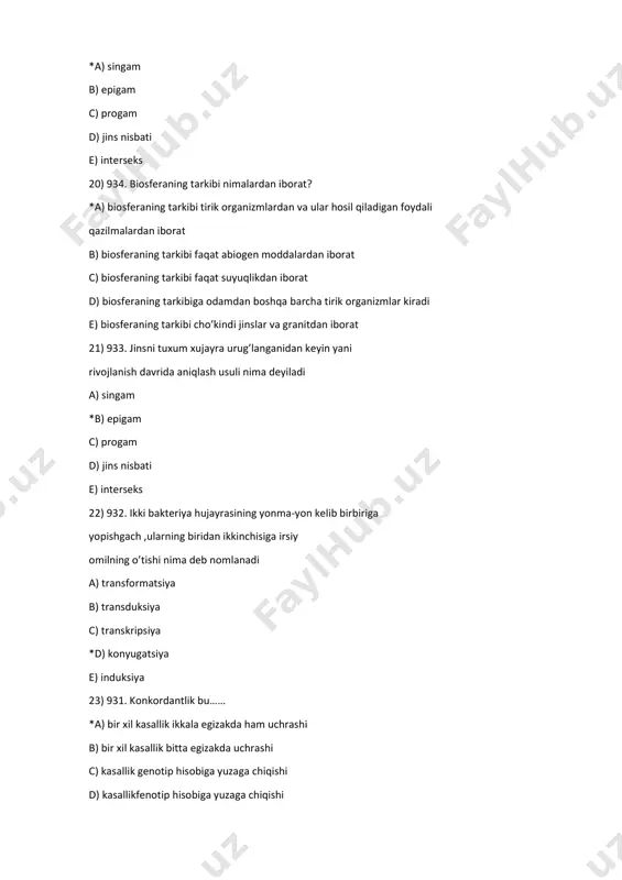 ) 21- xromosoma e) 9- xromosoma 32) 921.64 ta tripletdan nechtasi nonsens ( ma’nosiz ) hisoblanadi? a) 6 b) 5 c) 4 *d) 3 e) 2 33) 919.birinchi bo’lib gelmintozlarni davolash va kasallikning oldini olish choralarini ishlab chiqqan olim: *a) k.i. skryabin b) i.i.mechnikov c) bogomols d) edvards e) p.stentou 34) 918 .qyidagilardan qaysi biri exinakokkning oraliq hujayini *a) odam b) it c) mushuk d) yolbars e) chiyabo’ri 35) 917.qorin og’rishi, ishtaha yo’qolishi, yiring va qon aralash ich ketishi qaysi kasallik belgilari: *a) .amyobiaz b) toksoplazma c) enterokolit d) lamblioz e) leymanioz 36) 915.ashxobod yarasini qo’zg’atuvchi parazit: *a) leishmania tropica minor b) leishmania tropica tropica c) leishmania donovani d) trypanosome gambiense e) trypanosome cruzi 37) 914.qon so’ruvchi bo’g’im oyoqlilar orqali yuqadigan kasalliklar. a) zoonoz b) antropozoonoz c) antropoz d) endemic *e) transmissiv 38) 913.faqat bir turdagi xo’jayin organizmida yashashga moslashgan parazitlar. a) polifaglar b) endoparazitlar *c) monofaglar d) tipikparazitlar e) …