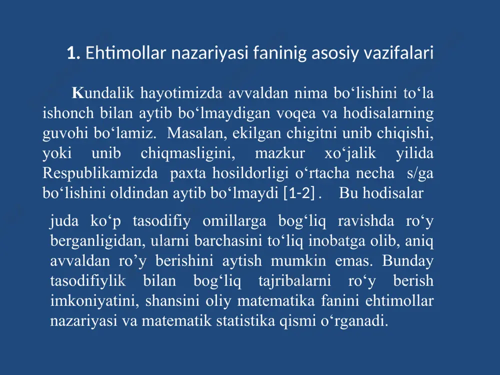 i nazariyasi, avtomatik boshqarish nazariyasi, umumiy aloqa nazariyasida va boshqa ko’p nazariy hamda tatbiqiy fanlarda qo’llaniladi. ehtimollar nazariyasi matematik va amaliy statistikani asoslash uchun xizmat qiladi. ehtimollar nazariyasida hodisalar ehtimollarini hisoblashda birlashmalardan (kombinatorika) foydalanishga to’g’ri keladi. birlashmalar asosan 3 xil bo’ladi: 1) o’rinlashtirish, 2) o’rin almashtirish, 3) gruppalash. 1) o’rinlashtirish n ta elementdan m tadan olib tuzilgan ’rinlashtirish deb, ularning har biriga n ta elementdan olingan m ta element bo’lib, ular bir-biridan yo elementlari bilan yoki elementlarining joylashish tartibi bilan farq qiladi va ularning soni quyidagi formula bilan hisoblanadi: kombinatorika elemetlari agar o’rinlashtirishlar n ta elementdan n tadan olib tuzilsa, o’rin almashtirish deyiladi. ya’ni o’rin almashtirishlar faqat elementlarining tartibi bilan farq qiladi va quyidagi formula bilan hisoblanadi: 2) o’rin almashtirish n ta elementdan m tadan tuzilgan o’rin- lashtirishlar bir-biridan kamida bitta element bilan farq qilsa, gruppalashlar (kombinatsiyalar) soni hosil bo’ladi: formuladan topiladi. 3) gruppalash tasodifiy hodisalar turlari: 1) birgalikda bo’lmagan …