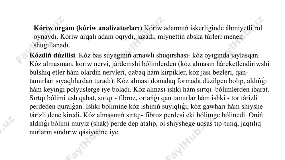 si menen tásirlengende, ol arqalı impuls payda boladı. dám biliw procesi • awızǵa kirgen azıqlıq zatlar tisler hám silekey járdeminde maydalanıp, dám zatları eritpesin payda etedi. • bul dárilik zat tám búrtikshelerindegi receptorlardı tásirleydi. • nátiyjede payda bolgan impulsler bet nervi (vii jup), til jutqish nervi (ix jup) hám vaguus nervi (x jup) arqalı bas miy qabıǵınıń dám orayına jiberiledi. • bas miy bul impulslerdi qayta islep, dám seziwdi támiyinleydi. teri seziwsheńligi haqqında ulıwma maǵlıwmat • teri insan organizminiń eń úlken aǵzası bolıp, sırtqı ortalıq penen tikkeley baylanıs jasaytuǵın, sezgir qabat esaplanadı. • teri járdeminde insan temperatura, basım, awırıw, tiyiw sıyaqlı túrli seziwlerge iye boladı. • bul seziwlerdiń barlıǵı arnawlı receptorlar tárepinen qabıl yetiledi hám nerv impulslerine aylanadı. teri receptorlarınıń túrleri. teri júzesinde hám teri astı toqımalarında birneshe túrli receptorlar bar: • tıǵıw (mexanoreceptorlar). merkel diskleri - eń jumsaq tiydiriwdi sezedi. meysner denesheleri - tiygiziw hám tegislikti sezedi. ruffini denesheleri …