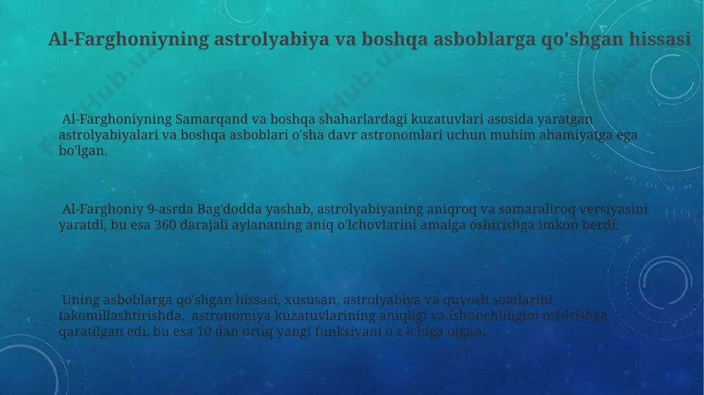 hhur olimlar bilan birga astronomiya va matematika bo'yicha chuqur bilimlarni o'rgangan, bu davrda u 10 dan ortiq ilmiy asarlarni o'qigan. ahmad al-farghoniy 9-asrda, hozirgi o'zbekiston hududida joylashgan marvda tug'ilgan va dastlabki ta'limini shu yerda olgan, ehtimol 8-asrning oxirlarida yoki 9-asrning boshlarida. uning ta'limi nafaqat nazariy, balki amaliy astronomik kuzatishlarni o'z ichiga olgan, bu unga 20 yoshida allaqachon o'zining birinchi ilmiy ishlarini yaratishga imkon bergan. geografiya va yerning shakli haqidagi fikrlari al-farghoniyning geografik hisob-kitoblari, oʻsha davr uchun ilgʻor boʻlgan astronomik usullar asosida, yerning turli mintaqalarining oʻlchamlarini va masofalarini aniqlashga qaratilgan edi. uning geografik asarlari boy ma’lumotlarga boy boʻlib, bagʻdod, damashq kabi shaharlarning geografik koordinatalarini aniq koʻrsatgan. al-farghoniy yerning sharsimon shaklini tasdiqlab, uning diametri 40 000 kilometr atrofida ekanligini hisoblab chiqqan, bu zamon talablariga mos keladigan aniq natija emas edi. al-farghoniyning astronomik kuzatishlari ал-фарғонийнинг астрономик кузатувлари натижалари 9-10-асрлардаги бошқа астрономларнинг ишлари учун асос бўлиб хизмат қилган ва европада 12-асрдан бошлаб тарқалган. унинг …
