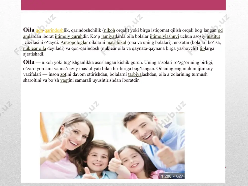anish, ular a’zolarining o'zaro munosabatlarini taqqoslash va shu kabilar asosida ayrim nisbiy xulosalarga, mulohazalarga kelish mumkinki, shu nisbiy- likdan har bir odam o'zi uchun nisbatan «tegishli» xulosalar chiqarib olishi lozim bo'iadi. shuning uchun, biz quyida oilaviy munosabatlar, oiladagi nizolar haqida fikr yuritar ekan- miz, ularning barcha oilalarga mutlaq tegishli bo'lishligini (ekanligini) da’vo qilolmaymiz. quyidagilar ham bizning nisbiy mulohazalarimizdir. shunday qilib, oilaviy nizo va janjallar, ajralish muammosi hozirgi paytda jamiyatning eng dolzarb muammolaridan biri bo‘lib qolmoqda. oilalar ajralishlarining mavjudligi bizning respublikamizda ham keng jamoatchilik diqqatini o‘ziga qaratib, bu muammoning yechimini topish uchun kerakli choralarni ko‘rishga da’vat etmoqda. oilaviy nizolarning eng xarakterlilaridan biri bu er va xotin o‘rtasidagi nizolardir. shu munosabat bilan shu kabi muommoli holatlarni oldini olish va ijtimoiy hayotimizdagi salbiy holatlarni baratraf etish maqsadida o‘zbekiston respublikasi prezidentining “jamiyatda ijtimoiy-ma’naviy muhitni sog‘lomlashtirish, mahalla institutini yanada qo‘llab-quvvatlash hamda oila va xotin-qizlar bilan ishlash tizimini yangi darajaga olib chiqish chora-tadbirlari to‘g‘risida” 2020-yil 18-fevraldagi …