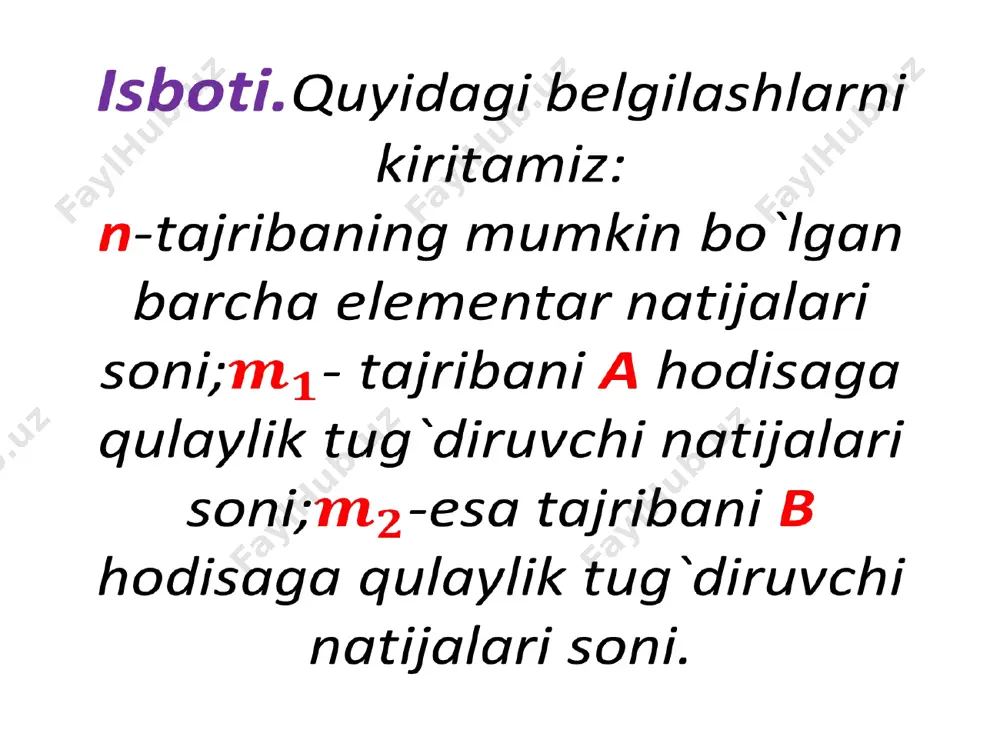 adabiyotlar 1. в.е. гмурман “эҳтимоллар назарияси ва математик cтатистика тошкент, “ўқитувчи”,1977й. 2. в.е.гмурман эҳтимоллар назарияси ва математик статистикадан масалалар ечиш учун қўлланма. т.ўқитувчи,1981й. 3.в.в.ваҳобов,ф.ж.тўраев,а.ш. мардиев эҳтимоллар назарияси ва математик статистика т.2024й image1.jpeg image2.png image3.png image4.png image5.png image6.png image7.png image8.png image9.png image10.png image11.png image12.png image13.png image14.png image15.png image16.png image17.png image18.png image19.png image20.png image21.png image22.png image120.png image90.png image100.png image110.png image130.png image140.png image150.png image160.png image170.png image180.png image190.png image23.png image24.png image25.png /docprops/thumbnail.jpeg