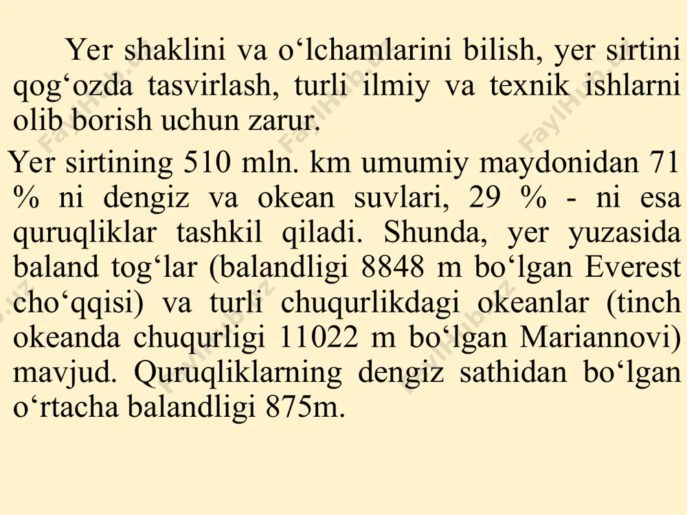 ах триангуляционного вычисление , rms= ±0.30 '‘ проф: памеранзев 1847-1921 n =h-h=11m kitab,1929 международная станция широт kitab kitab tashkent doris gps champ maidanak радиометрическая исследование gps glonass yer qa’risida uzluksiz davom etuvchi geologik o‘zgarishlar tufayli yer uzluksiz kerishib turadi. shunga ko‘ra, o‘zgaruvchan harakatdagi bu geoidning shakl va o‘lchamlarini matematika formulalari bilan ifodalab bo‘lmaydi. bu geoid o‘rniga yuzasi matematikada aniqlanadigan, o‘zi geoidga eng yaqin keladigan (o‘xshashroq bo‘lgan) boshqa matematik shakl qabul qilinadi. ko‘p tadqiqotlarga ko‘ra geoidga eng yaqin keladigan shakl aylanish ellipsoidi deb topildi. 3 - shakl. aylanish ellipsoidi yoki sferoid ellipsoidi yoki sferoid вращения эллипсоида так как земля на самом деле слегка сжат у полюсов и выпирает несколько на экваторе , геометрическая фигура , в геодезии , чтобы наиболее близко приблизить форму земли представляет собой эллипсоид вращения . эллипсоид вращения является фигурой, которая была бы получена вращением эллипса вокруг своей короткой оси. рисунок 3 . рисунок 3 элементы эллипса эллипсоид …