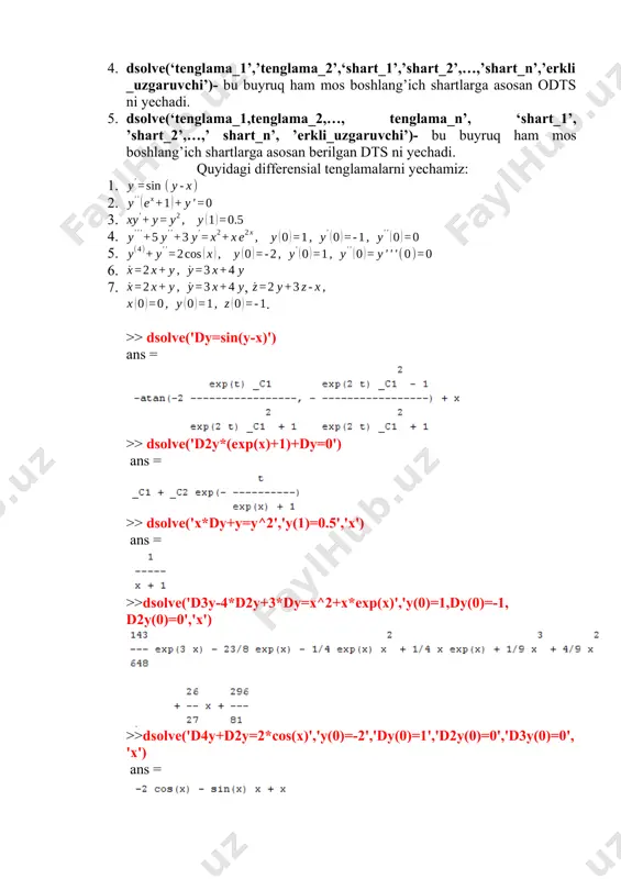 dy=koshi_masalasi(t,y) dy=2*y+cos(t); end bu kodni kerakli joyga yozib saqlaganimizdan kiyin ishga tushurishimiz mumkin. misol uchun >> koshi_masalasi(2,5) ans= 9.5839 >>koshi_masalasi(0,0) ans= 1 >>koshi_masalasi(-5,4) ans= 8.2837 endi ode45 matlab funksiyasidan foydalanib koshi masalasini yechimini [15,20] oraliqda sonli qiymatlarini hisoblaymiz va uning grafigini quramiz. ode45 funksiyasi bizga ikki o’lchovli vector qiymat qaytaradi. ulardan birinchisi t ning qiymati, ikkinchisi y ni qiymati. ode45 funksiyasining yozilishi quydagicha [t,y]=ode45(@m-fayl_nomi,[boshlang’ich_vaqt, oraliq_vaqt],boshlag’ich_qiymat) bir o’zgaruvchili koshi masalasi uchun quydagicha yoziladi [t,y]=ode45(@koshi_masalasi,[15,20],2) yoki [t,y]=ode45(‘koshi_masalasi’,[15,20],2) endi grafikni tasvirlaymiz. buning uchun plot(t,y) buyrug’ini berish kerak >>plot(t,y) 5. m-file da dasturlash. shartli operator matlabda dasturlash komandalar rejimida amalga oshiriladi. bu tizim shunday tuzilganki, hisoblash uchun ishlatiladigan o’zgaruvchilarni qiymati berilmagan bo’lsa, ularni ustida har qanday amalni bajarish mumkin bo’lmay qoladi. tayinlash operatori sifatida o’zgaruvchilarga qiymat berish komandasi bo’lgan oddiy “=” tenglik belgisi ishlatiladi. demak, tayinlash operatori qiymat o’zlashtiruvchi har bir o’zgaruvchi va funksiyalarning qiymatlarini aniqlashda ishlatiladi. matlabda har bir foydalanuvchi uchun dastur tuzish …